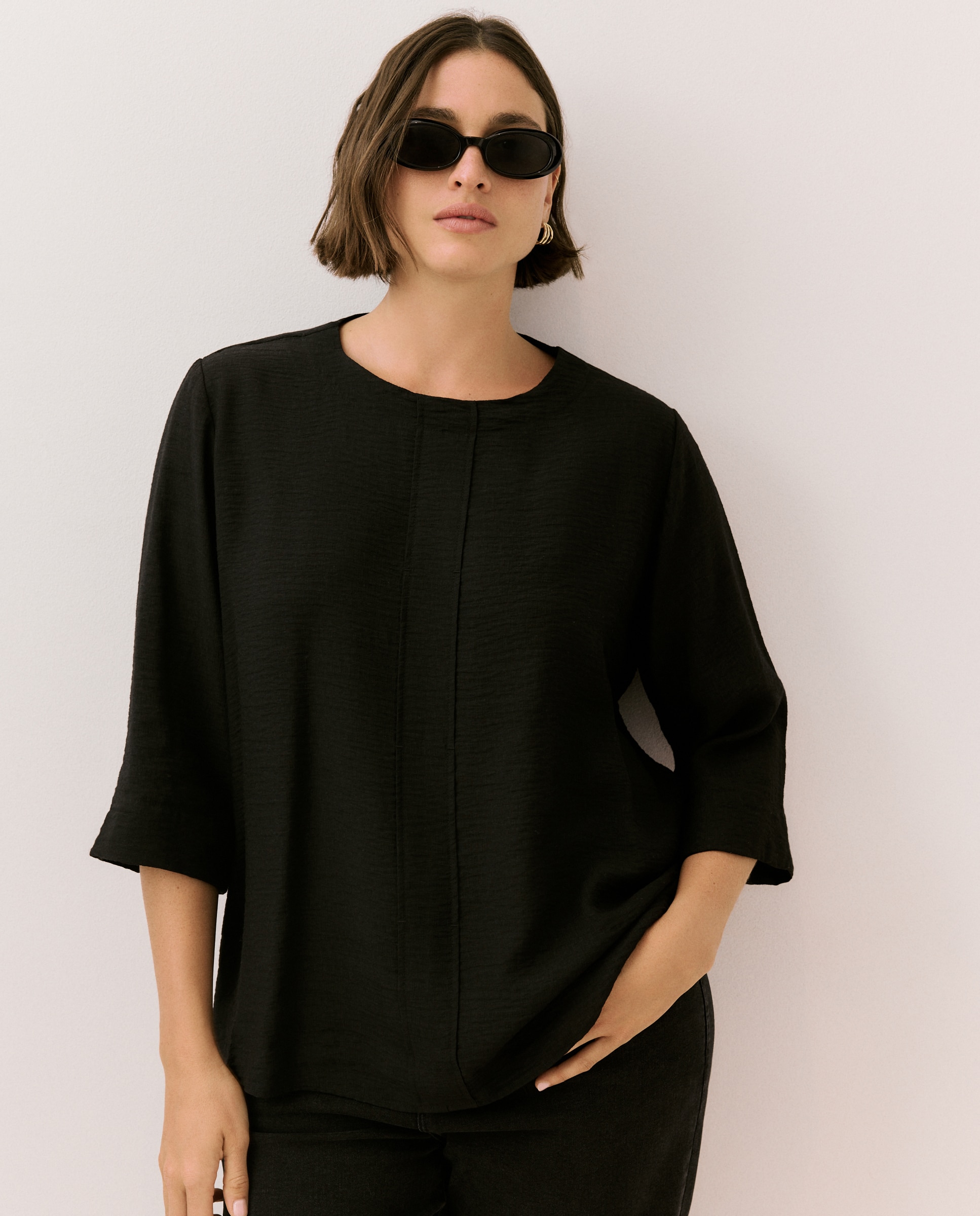 Top liso de manga francesa de mujer - Couchel - Negro Negro-1