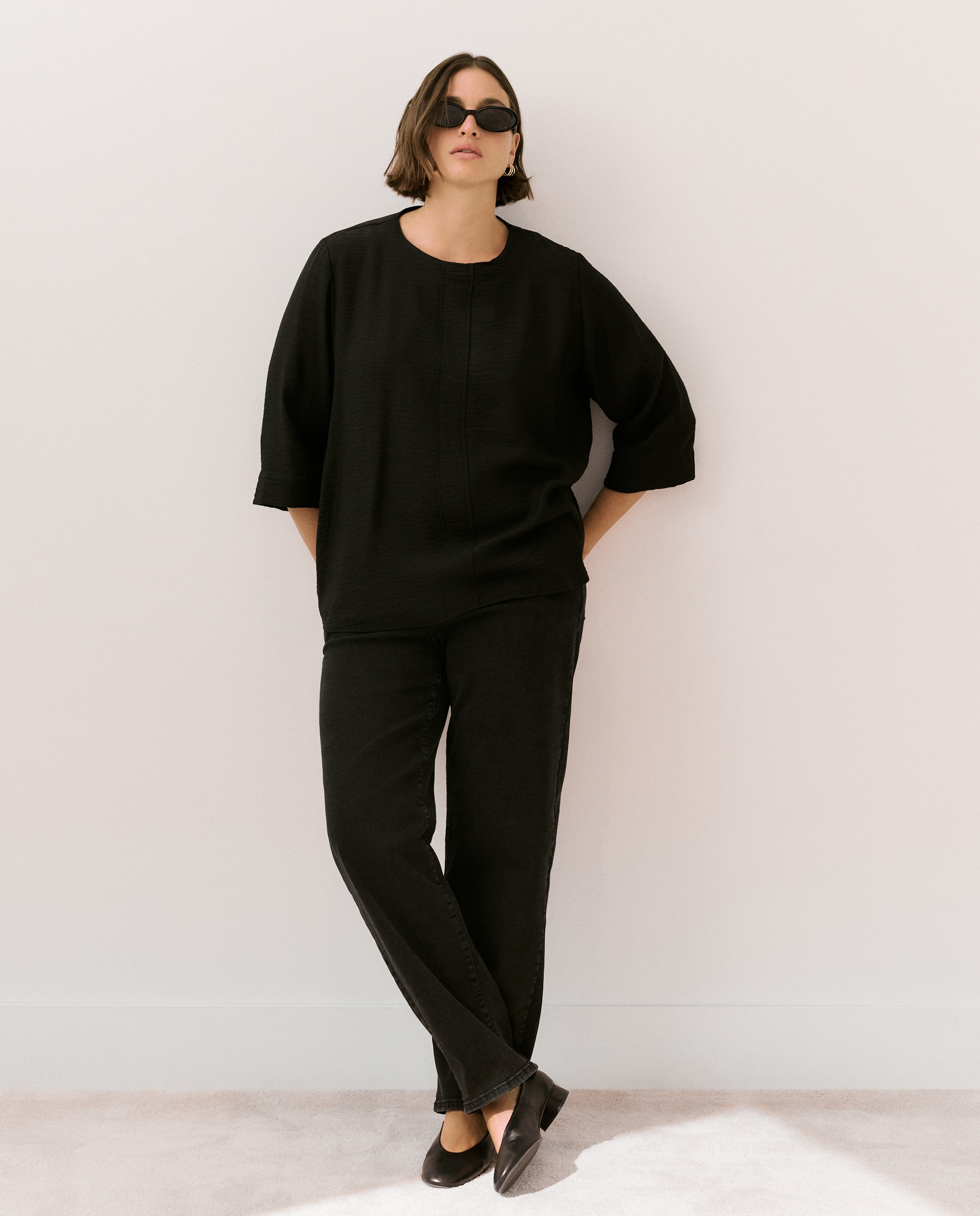 Top liso de manga francesa de mujer - Couchel - Negro Negro-2