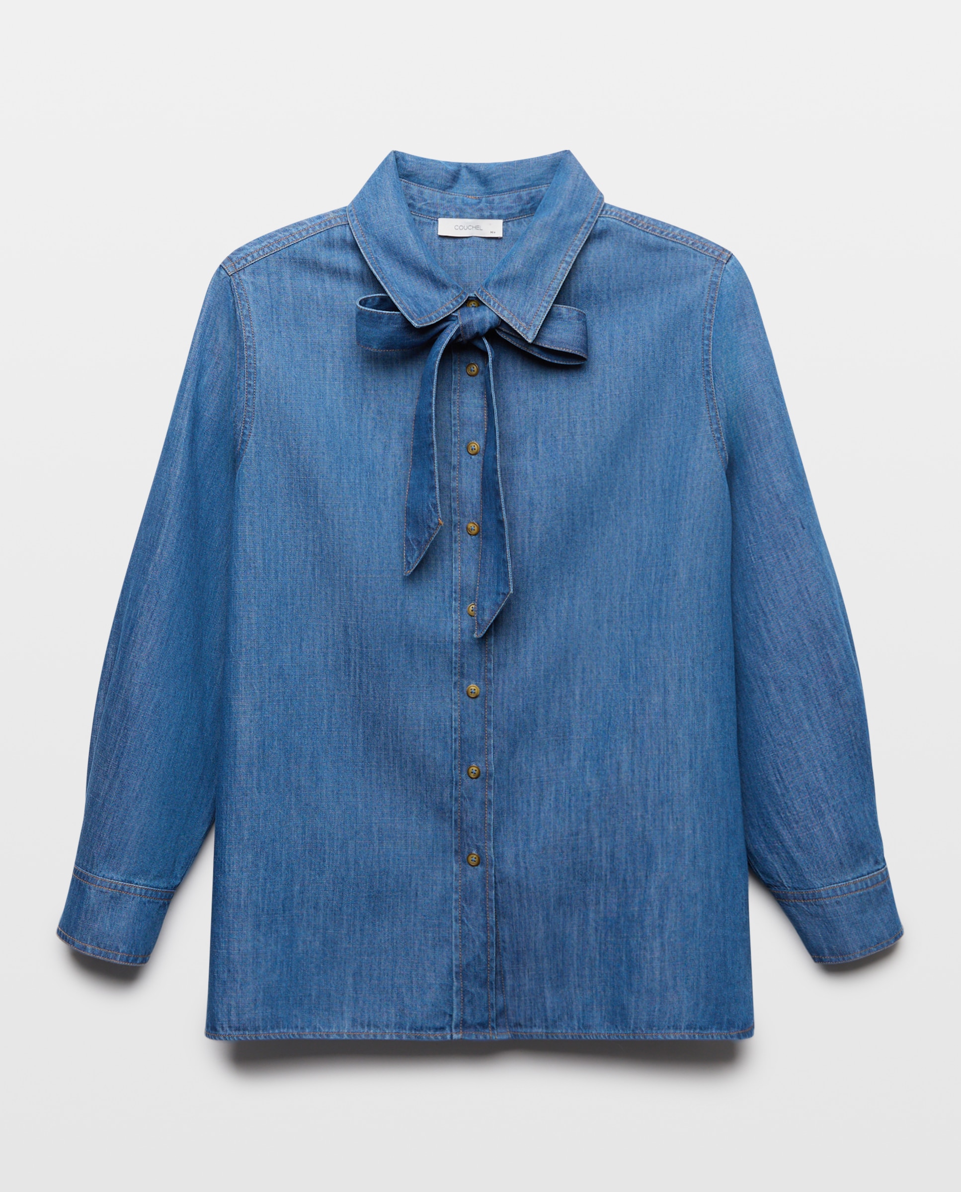 Camisa com Manga Comprida de Ganga com Laçada Azul pálido-5