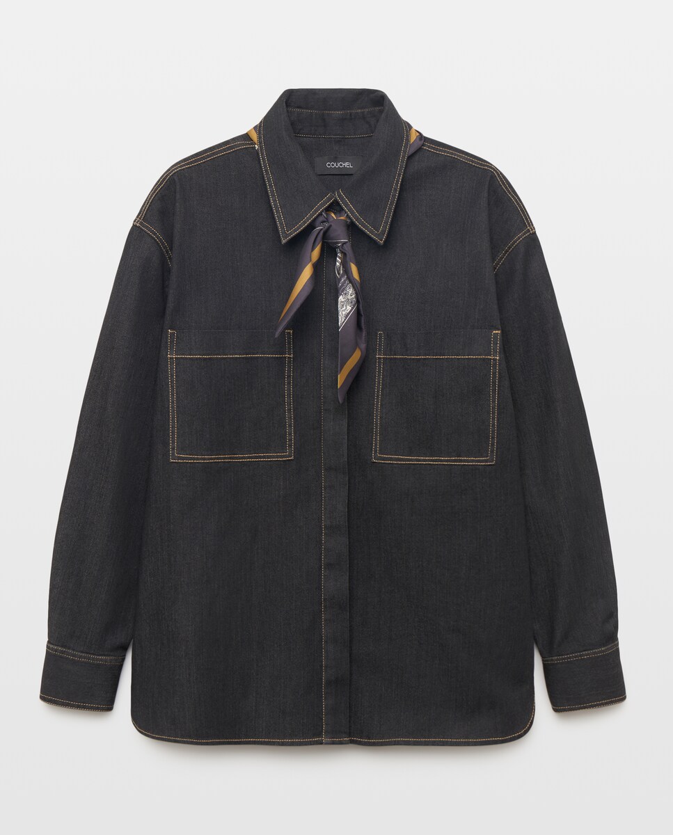 Imagen 0 de Camisa denim manga larga de mujer con lazada Azul Suave