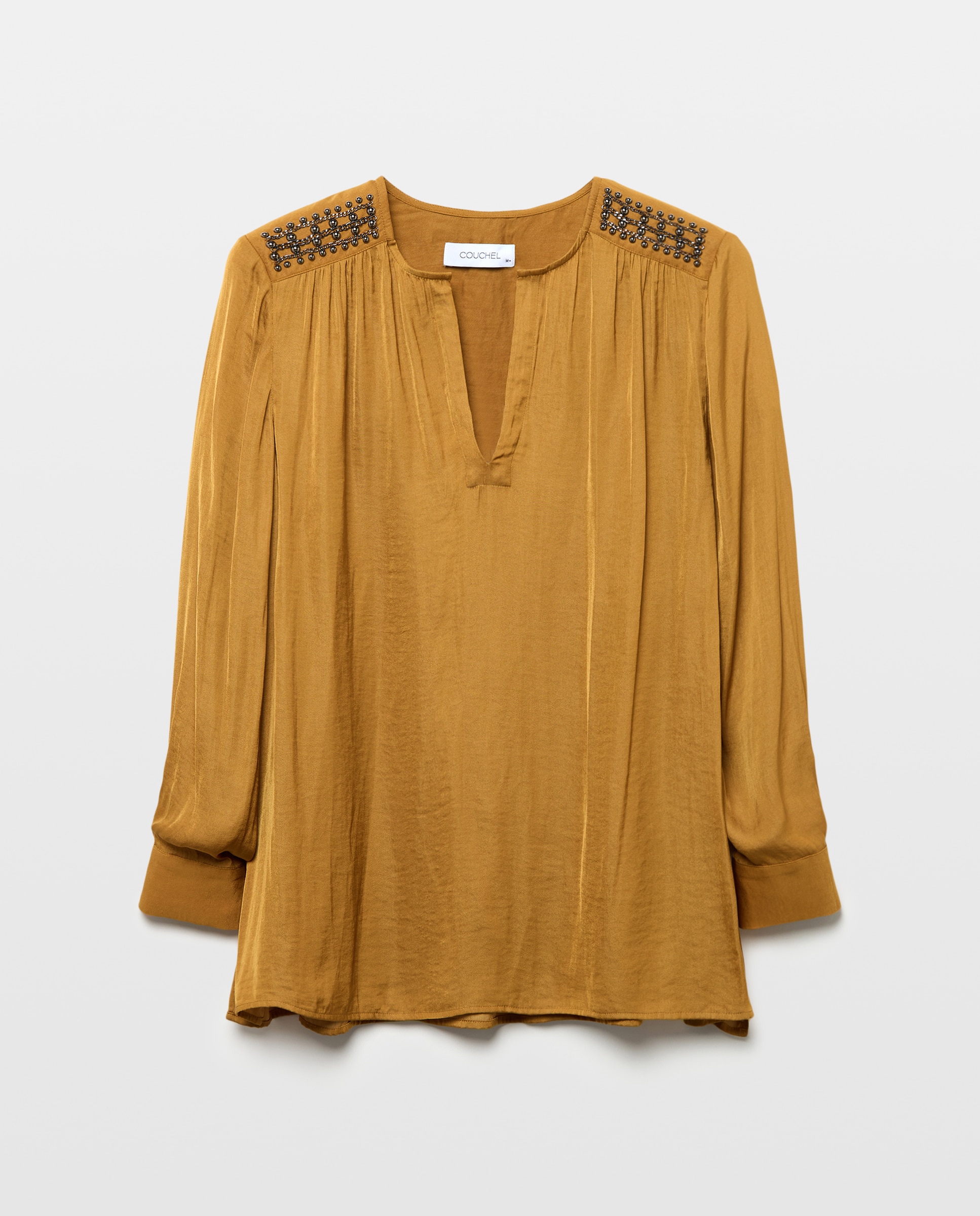 Blusa manga larga satinada de mujer con detalle - Couchel - 370 Ocre 370 Ocre-5
