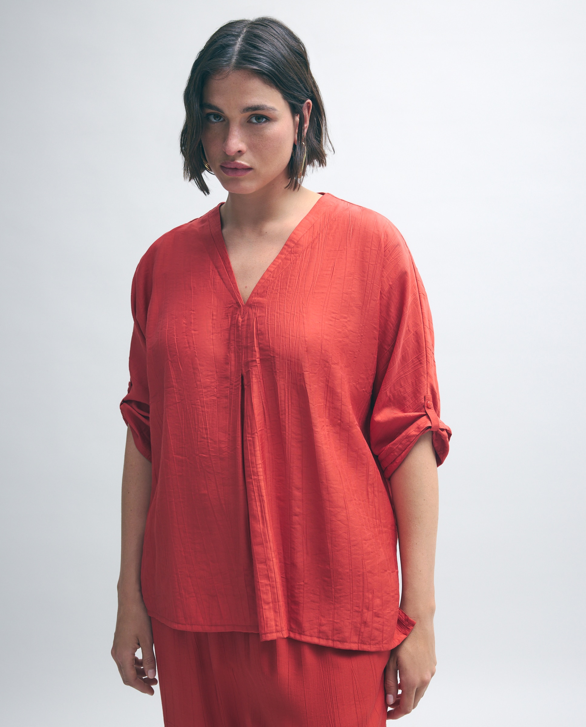 Blusa de Manga Curta Enrugada 520 Caqui-1