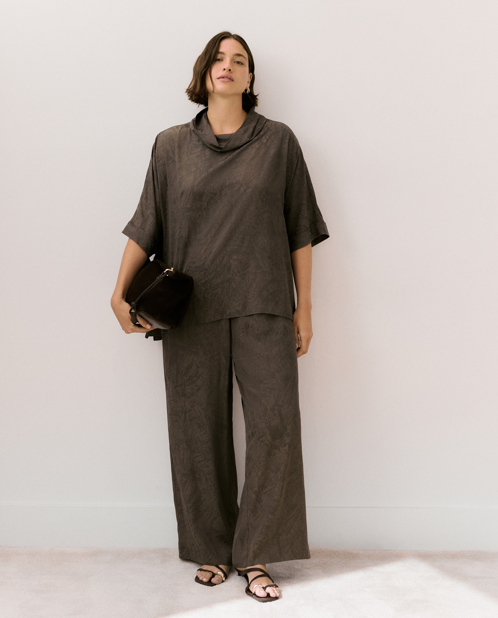 Blusa de Manga Curta em Jacquard 520 Caqui-2