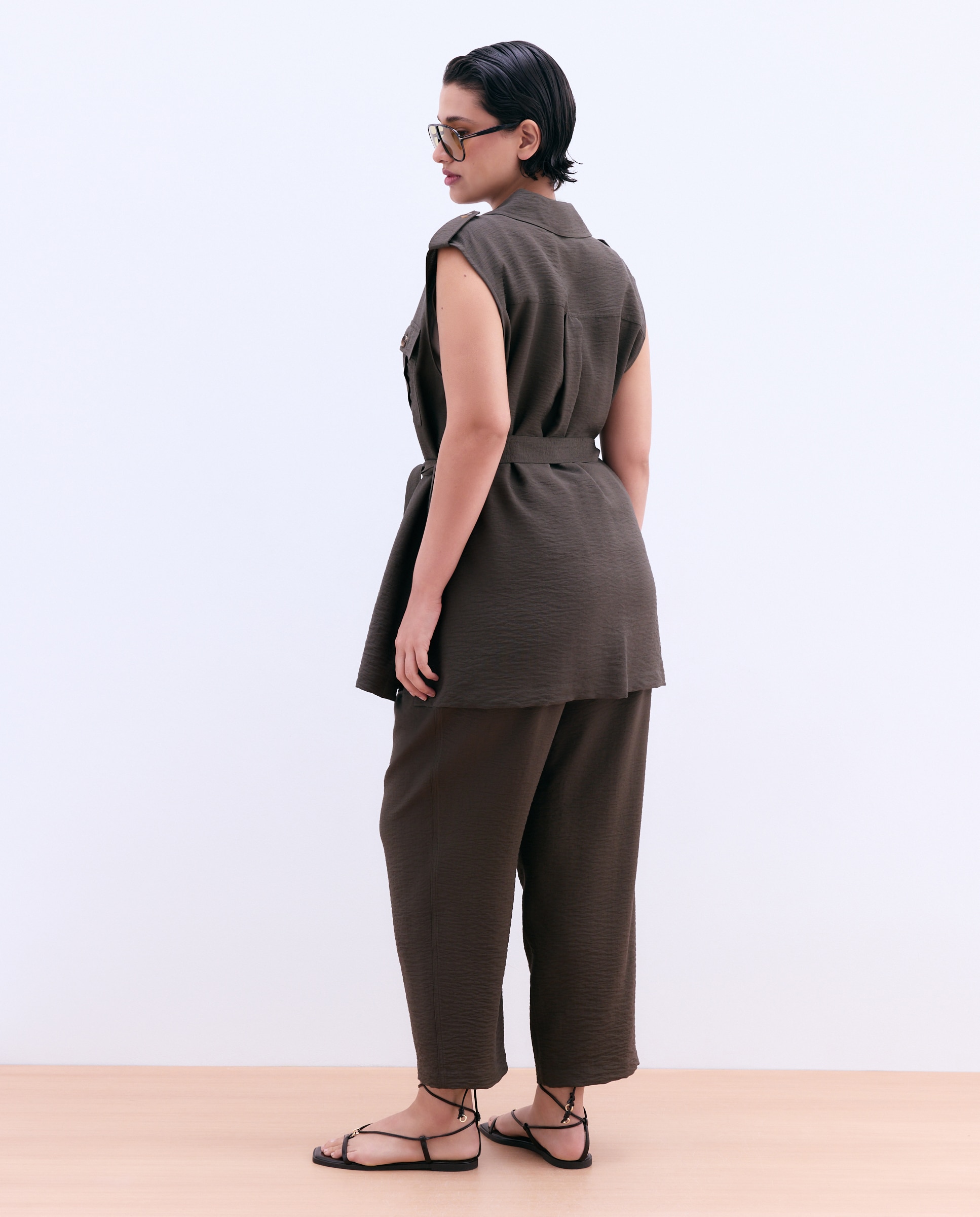 Sobrecamisa de mujer sin mangas con cinturón - Couchel - 520 Kaki 520 Kaki-3