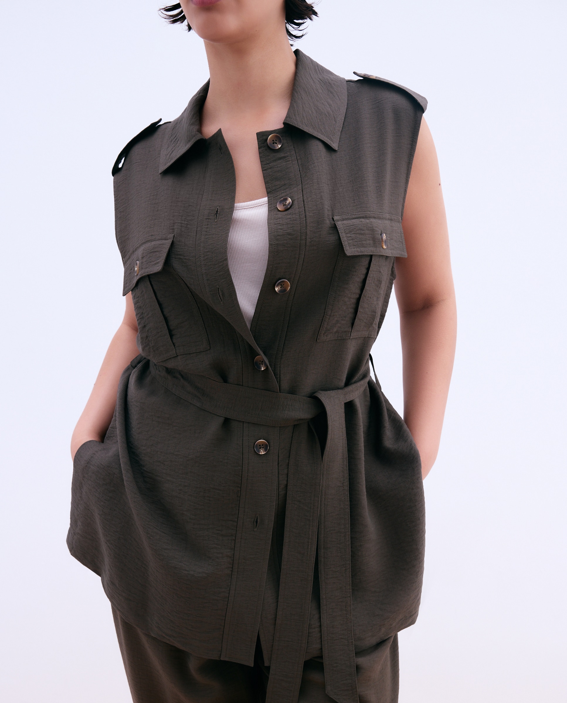 Sobrecamisa de mujer sin mangas con cinturón - Couchel - 520 Kaki 520 Kaki-4