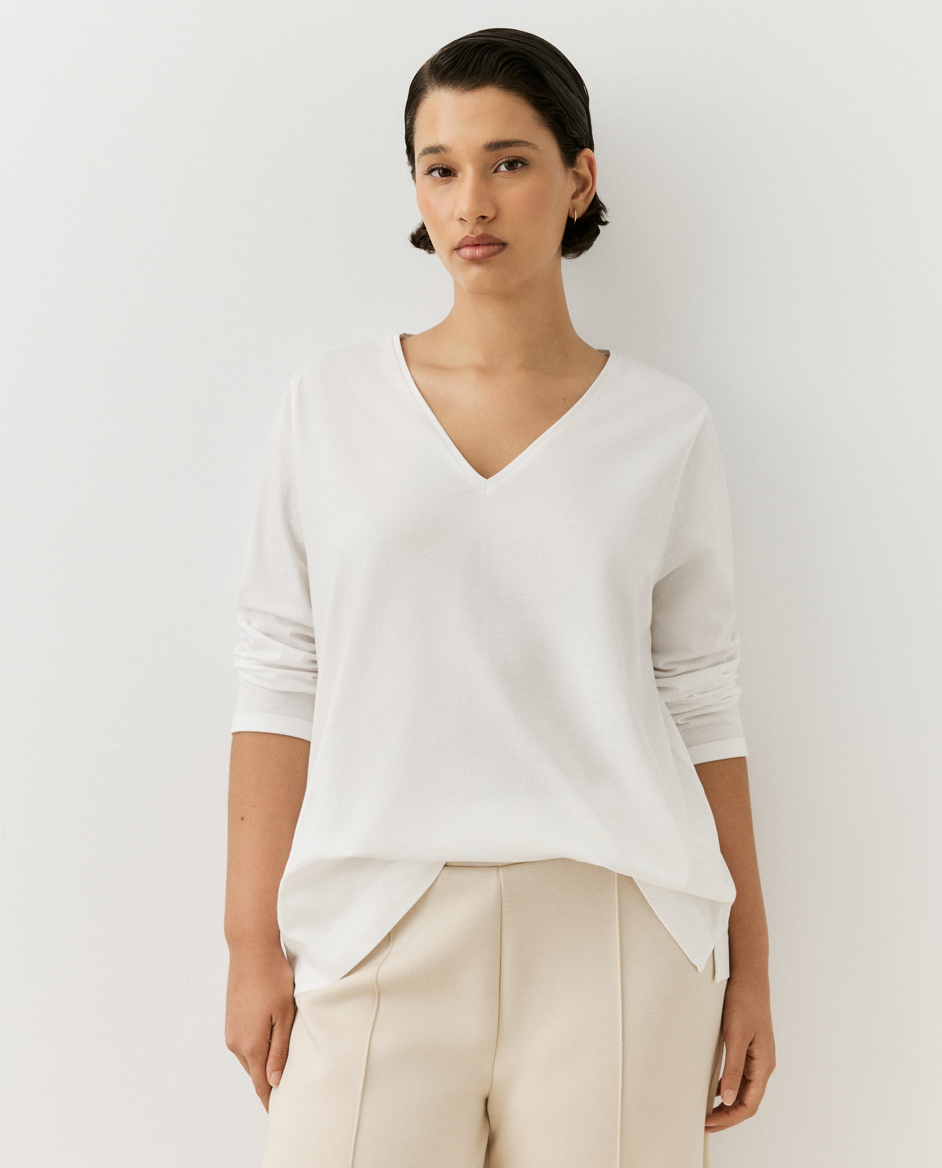 Camiseta de mujer de manga larga con cuello pico - Couchel - 120 Crudo 120 Crudo-1