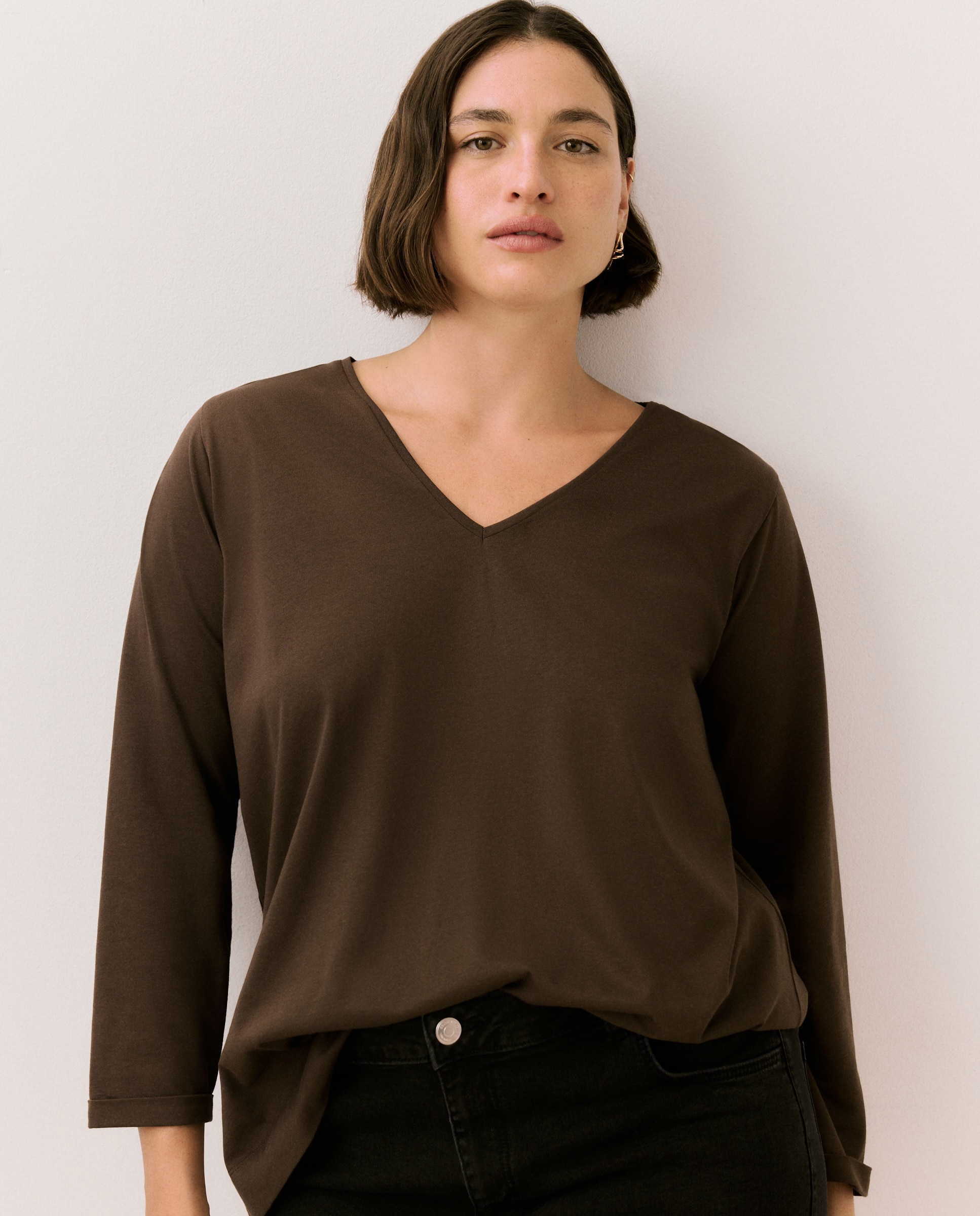 Camisola de Manga Comprida com Decote Redondo Castanho-2