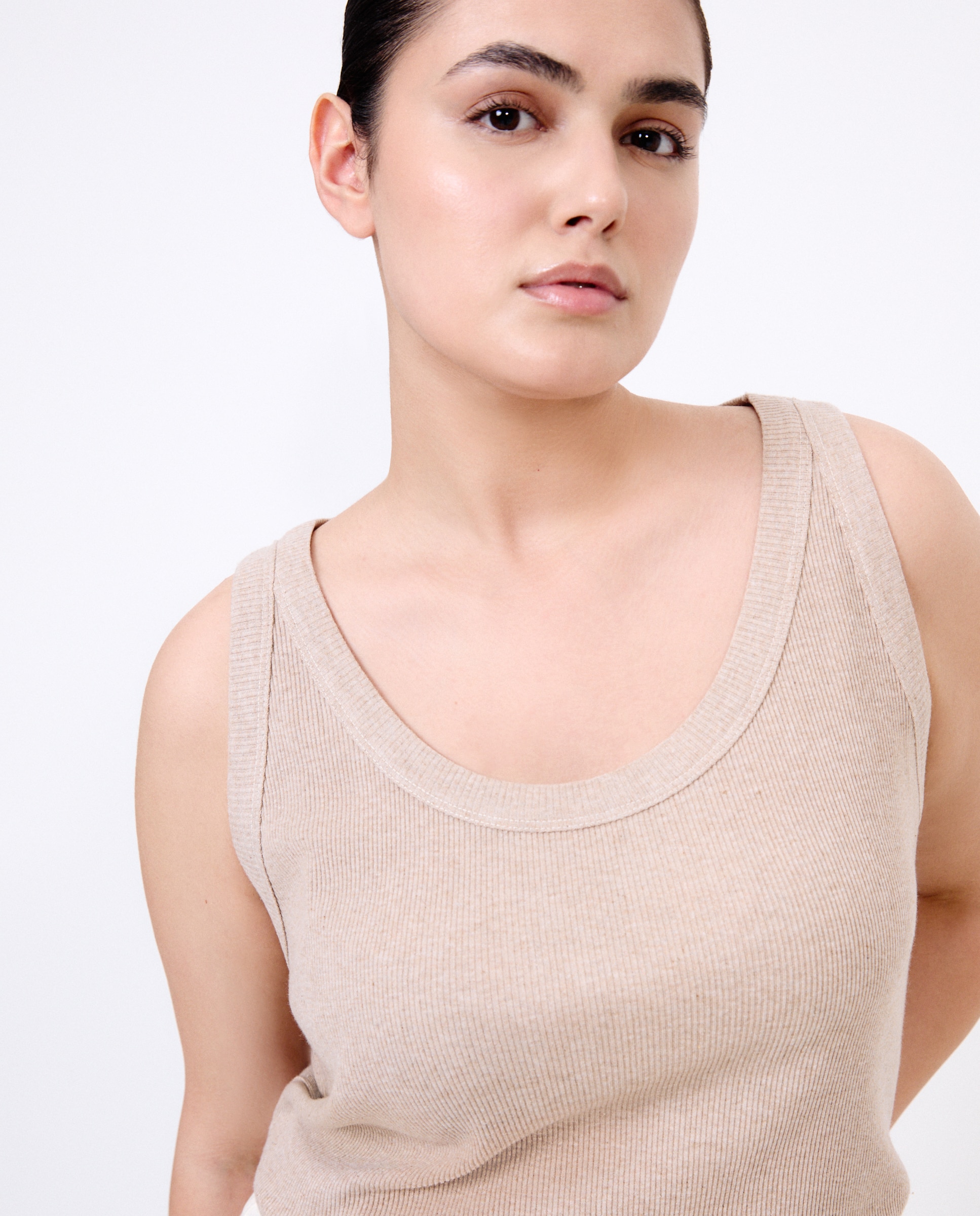 T-shirt de Alças Caneladas Bege-1