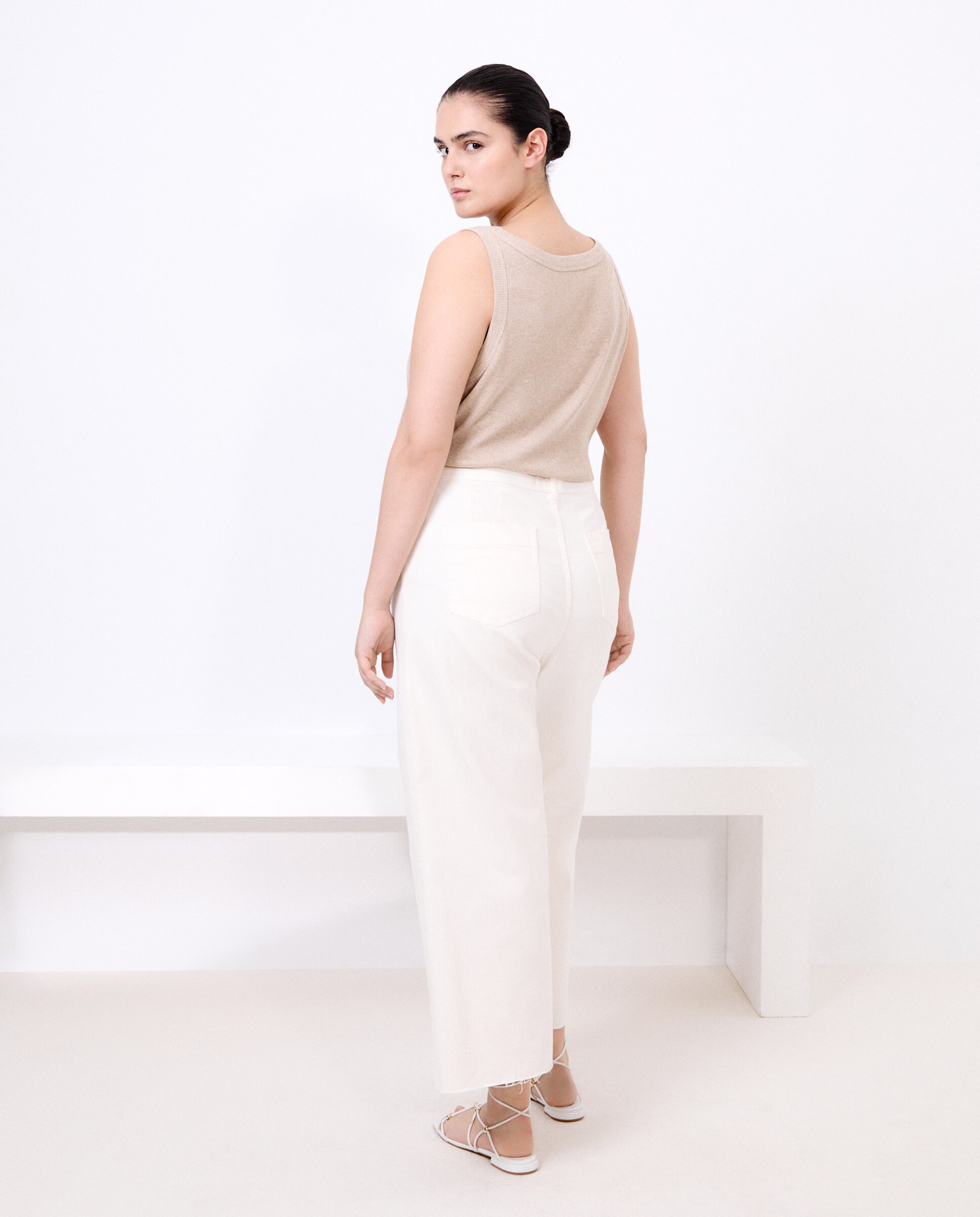 T-shirt de Alças Caneladas Bege-3