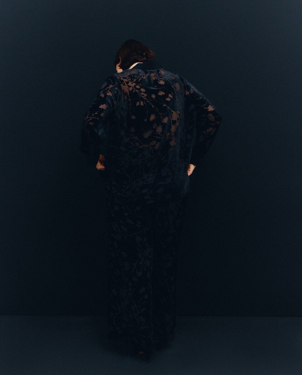 Calças com Fantasia em Mistura de Seda Preto-3