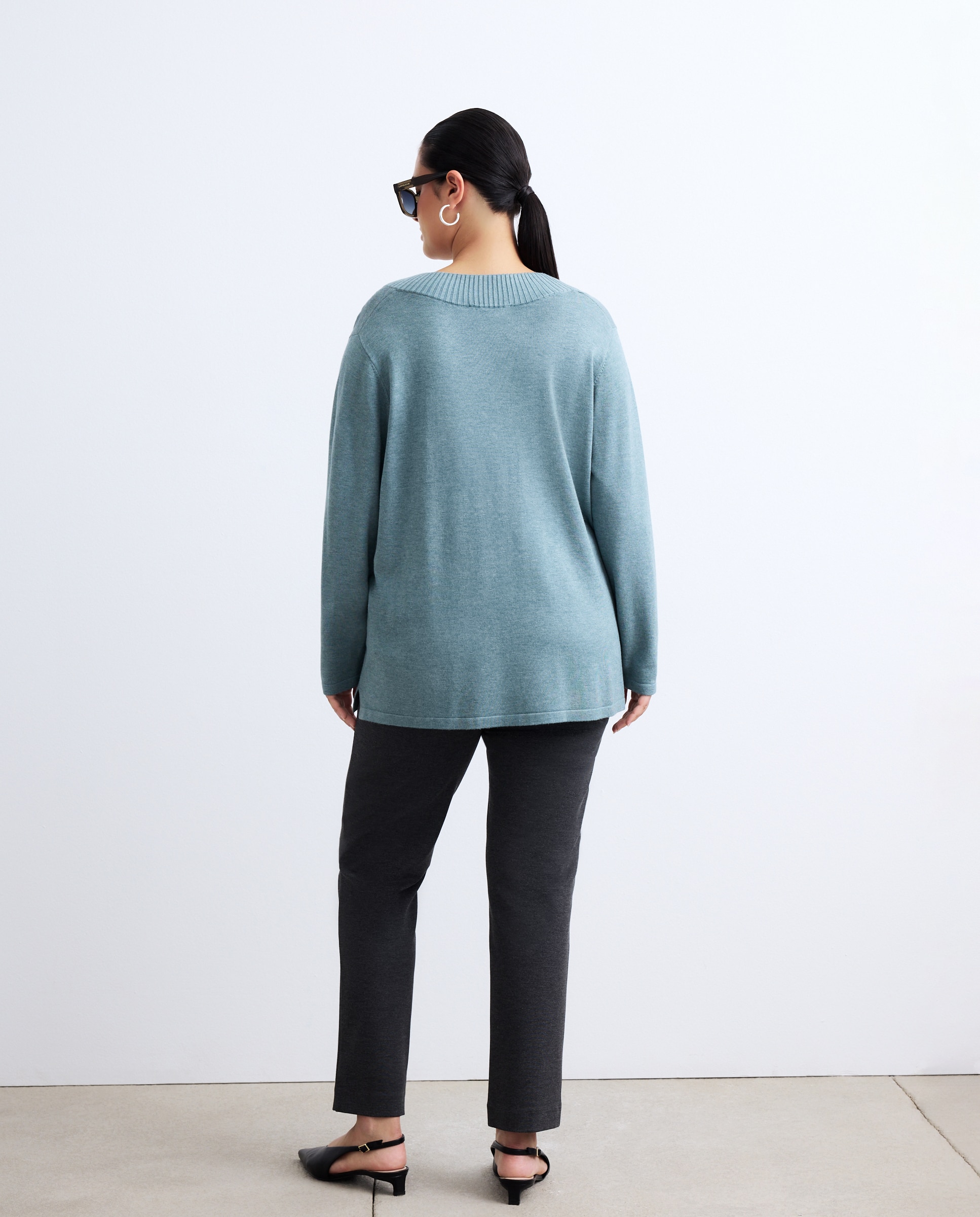 Camisola de Malha com Manga Comprida e Decote em Bico Verde-3