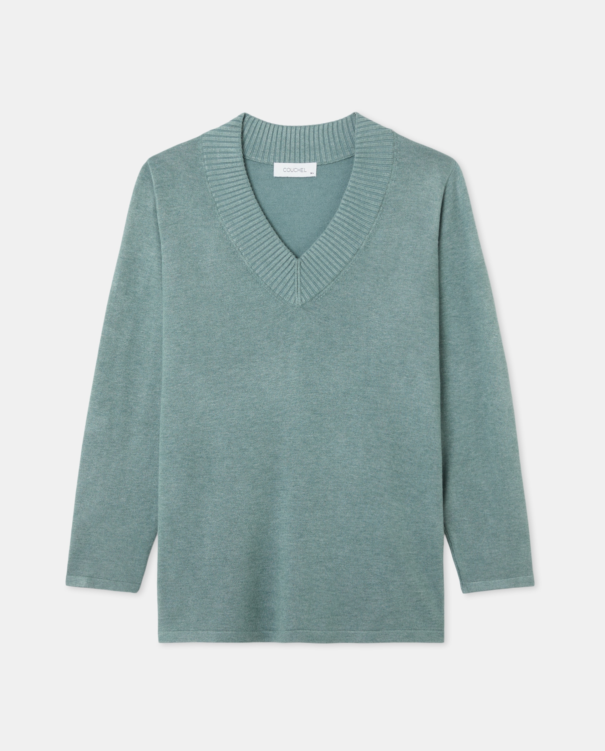 Camisola de Malha com Manga Comprida e Decote em Bico Verde-4