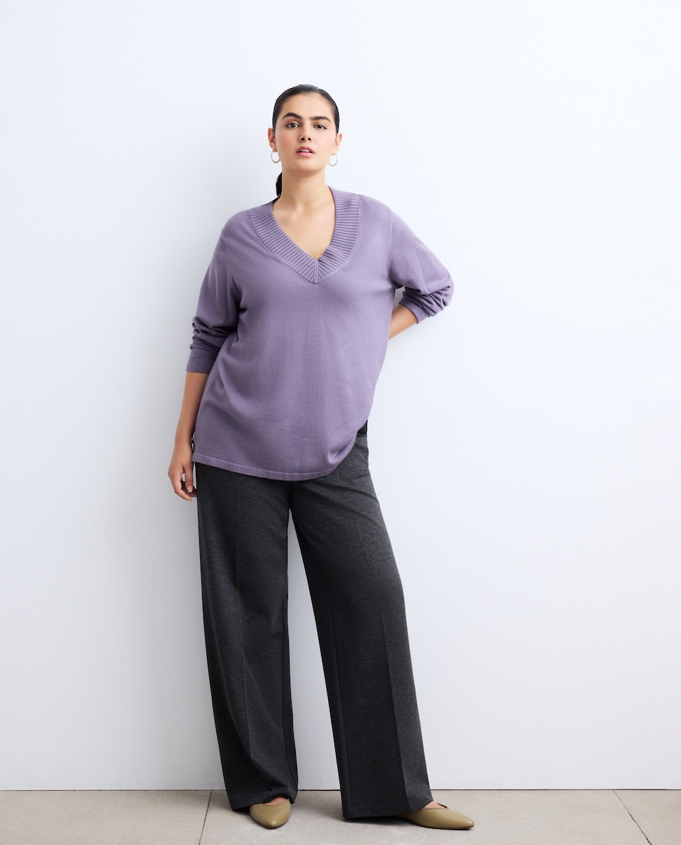 Camisola de Malha com Manga Comprida e Decote em Bico Roxo-2