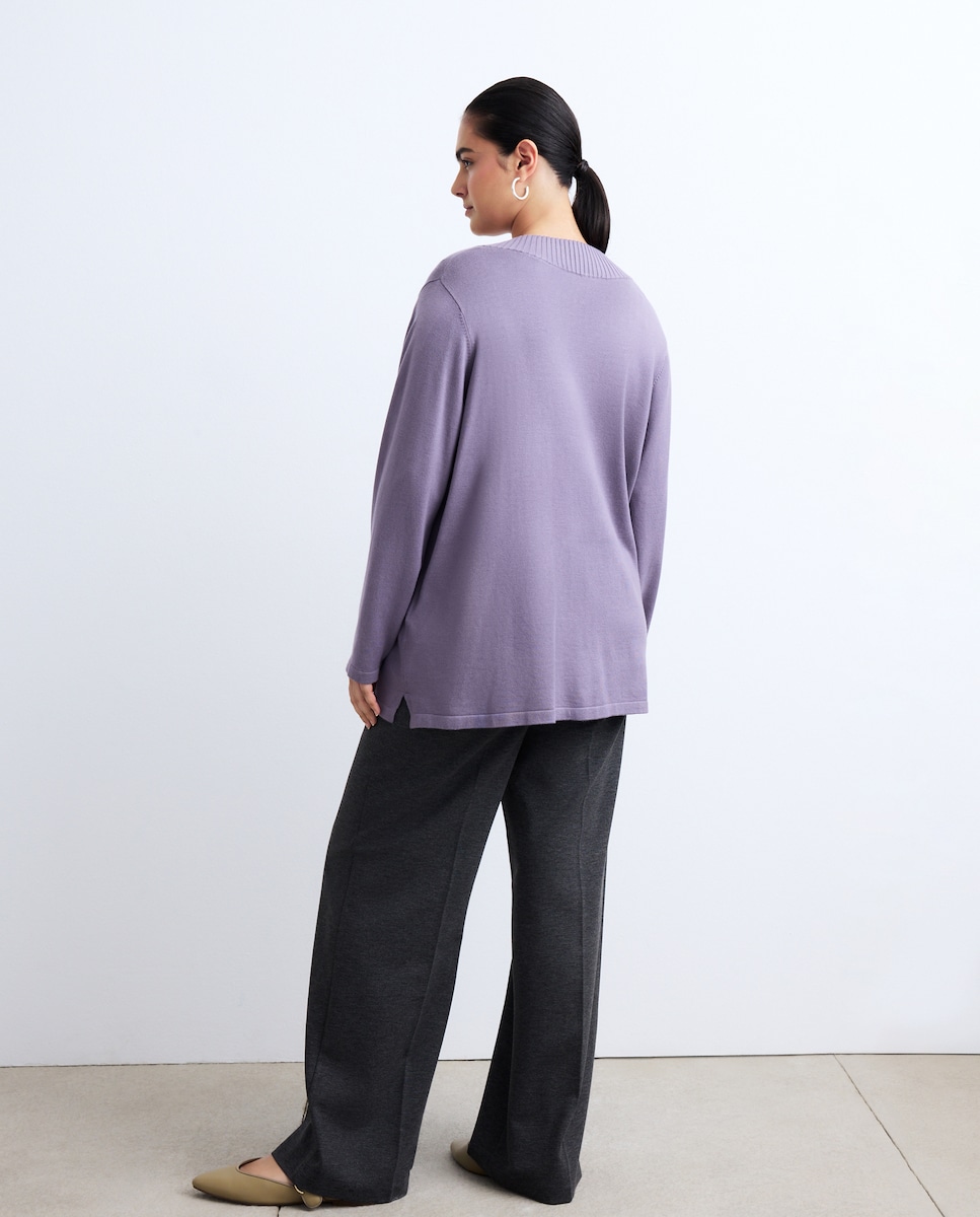 Camisola de Malha com Manga Comprida e Decote em Bico Roxo-3