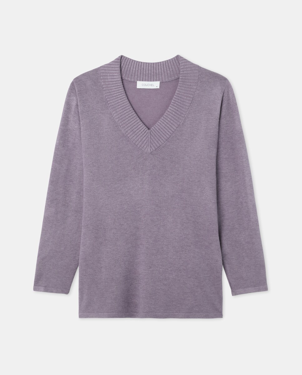 Camisola de Malha com Manga Comprida e Decote em Bico Roxo-4