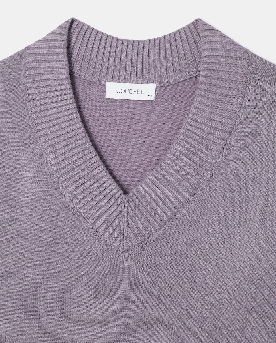 Camisola de Malha com Manga Comprida e Decote em Bico Roxo-5