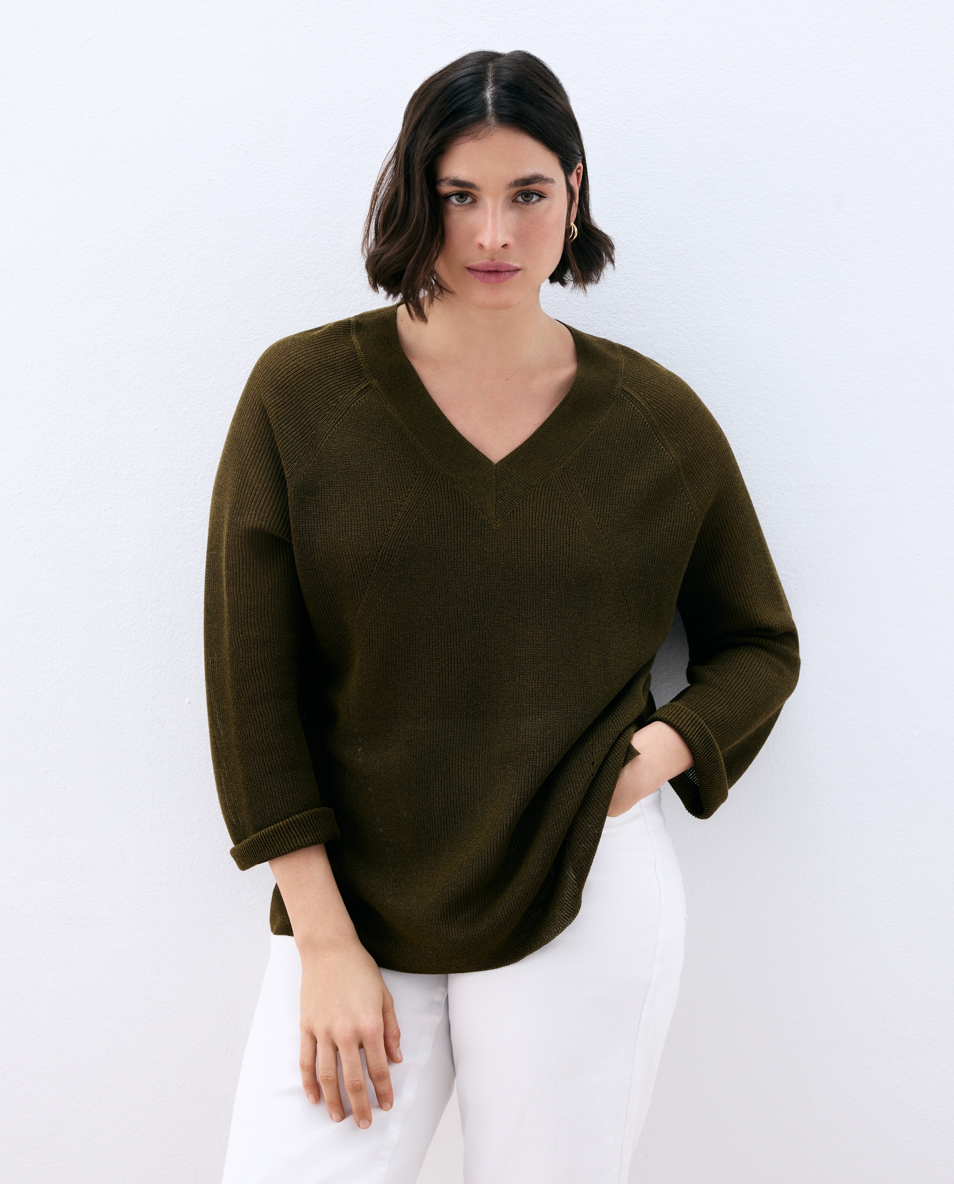 Jersey de mujer cuello pico estructura - Couchel - 520 Kaki 520 Kaki-1