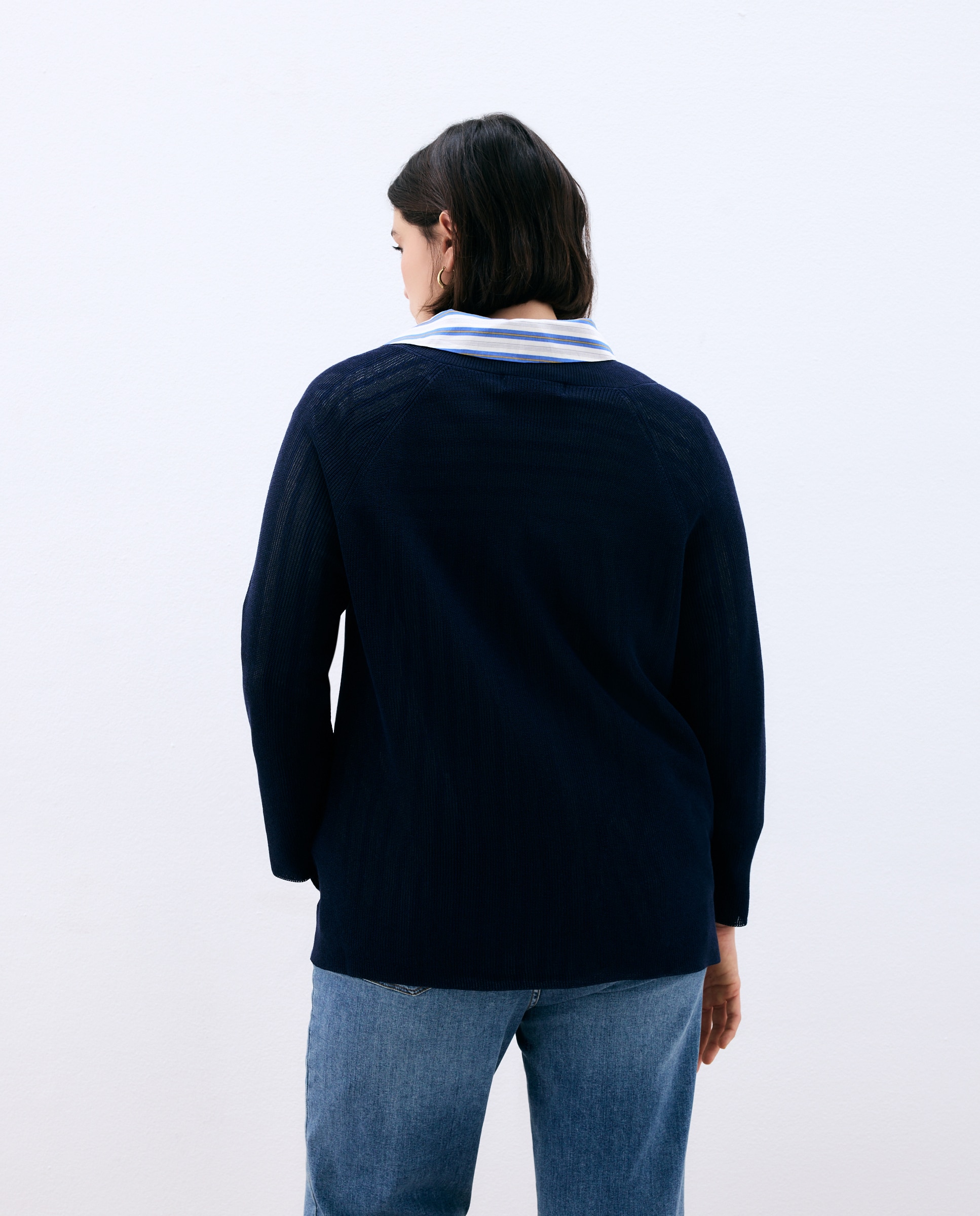 Camisola de Malha com Decote em Bico e Estrutura 430 Azul Escuro-4
