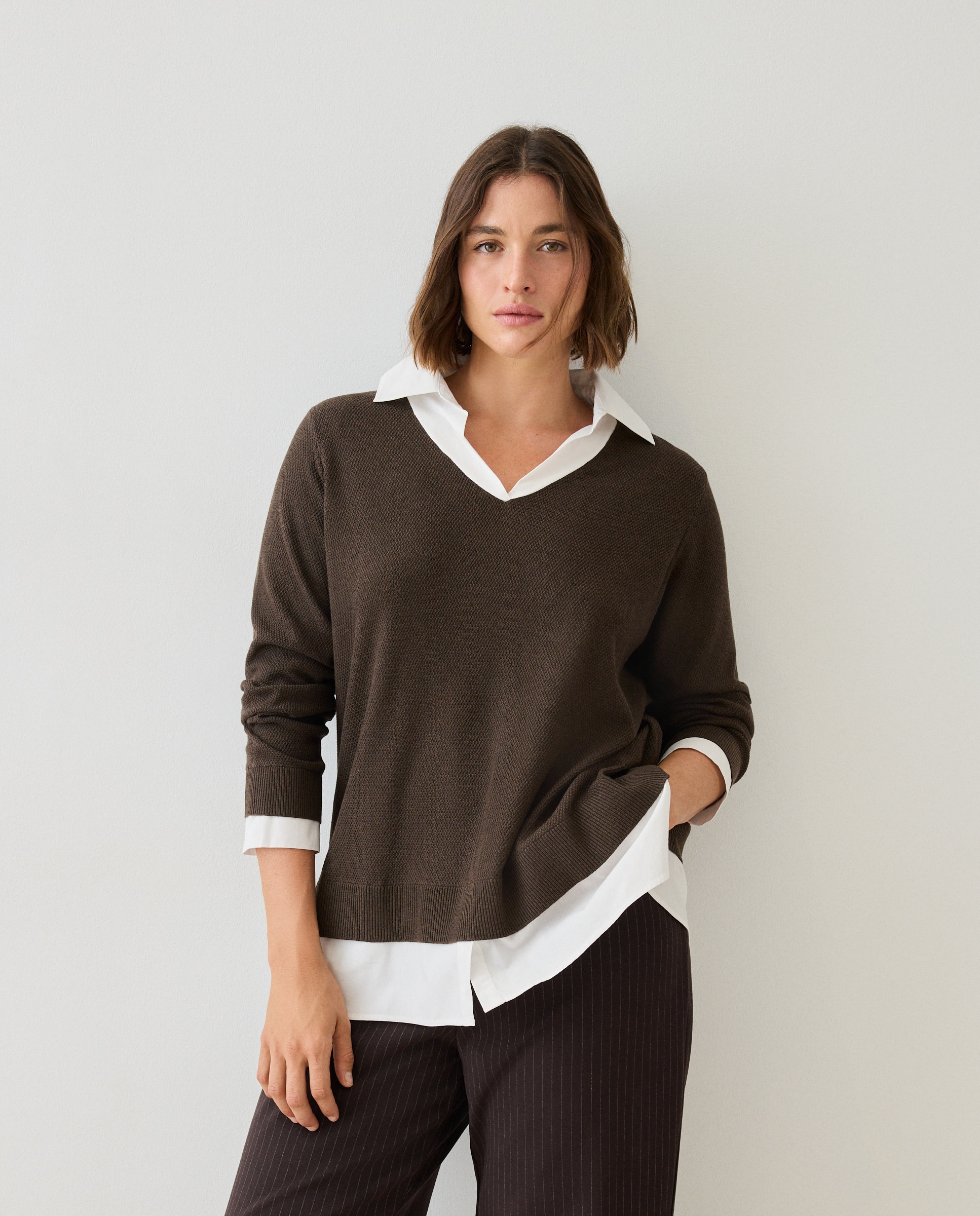 Imagen 1 de Jersey de mujer con cuello pico - Couchel - Marrón Marrón