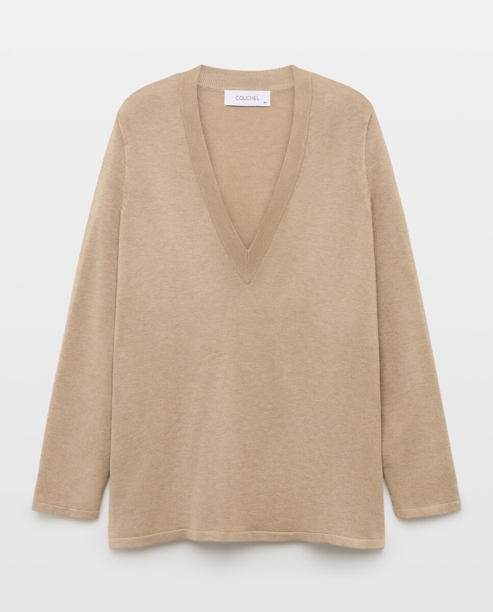 Imagen 0 de Jersey básico de mujer con cuello pico Beige