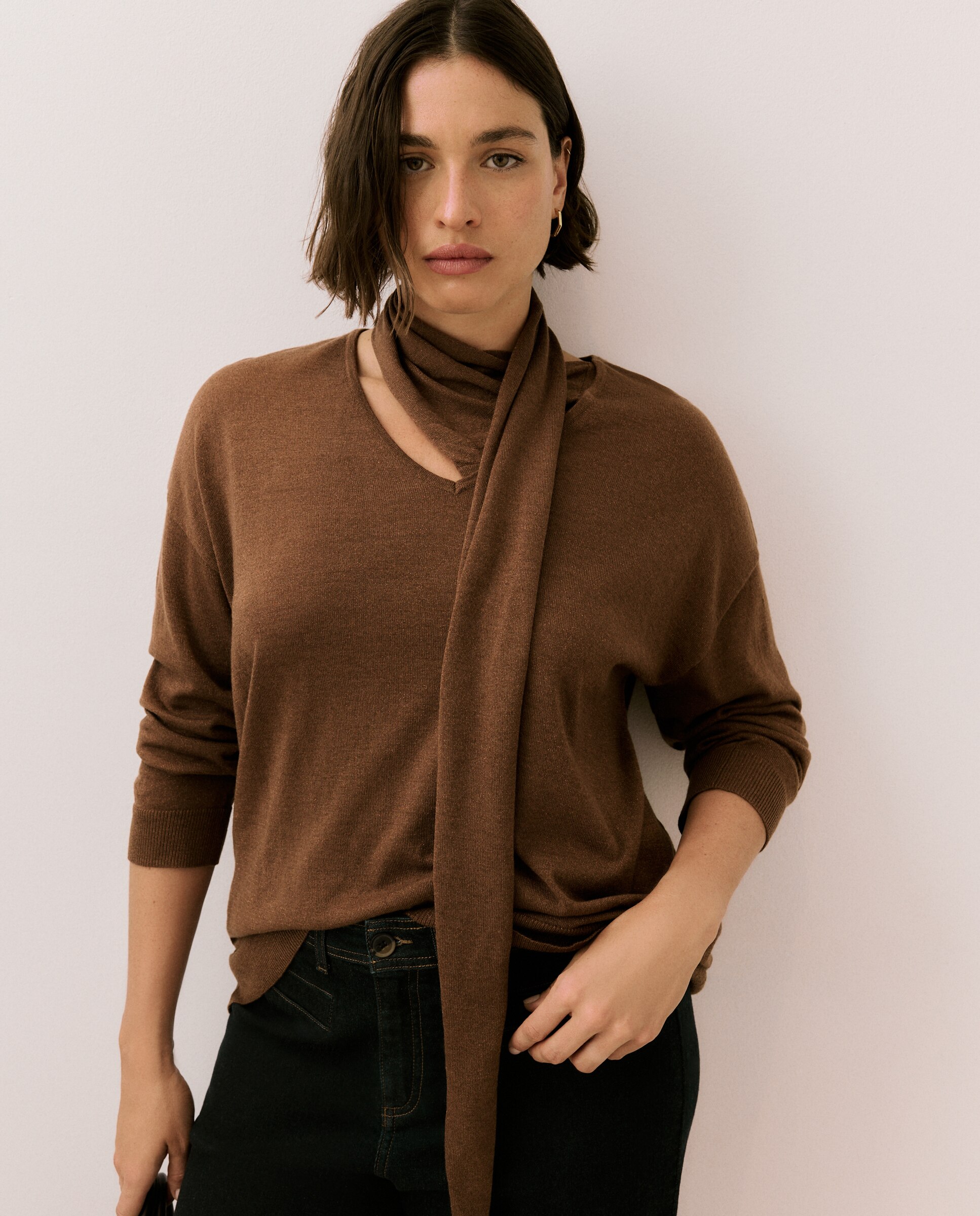Imagem 0 de Camisola de Malha com Decote em Bico e Laço