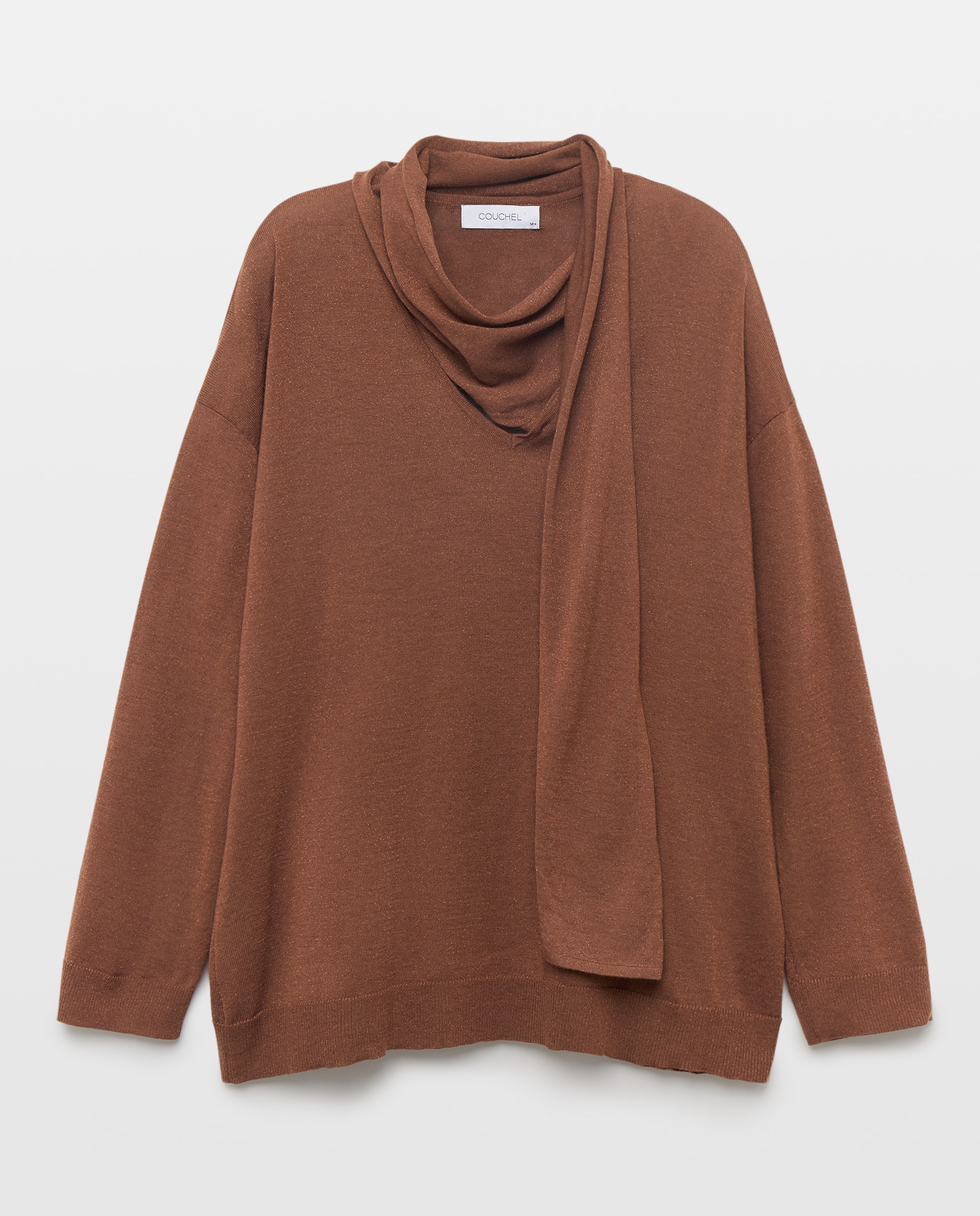 Camisola de Malha com Decote em Bico e Laço Castanho-5