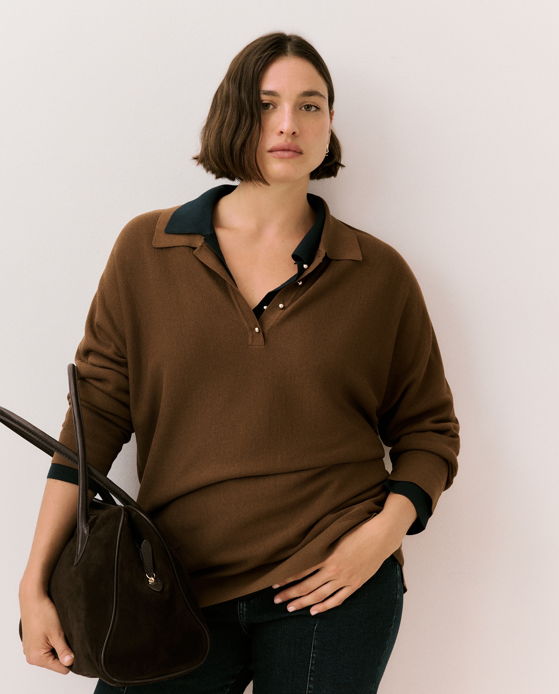 Camisola de Malha com Colarinho de Polo Bege-2