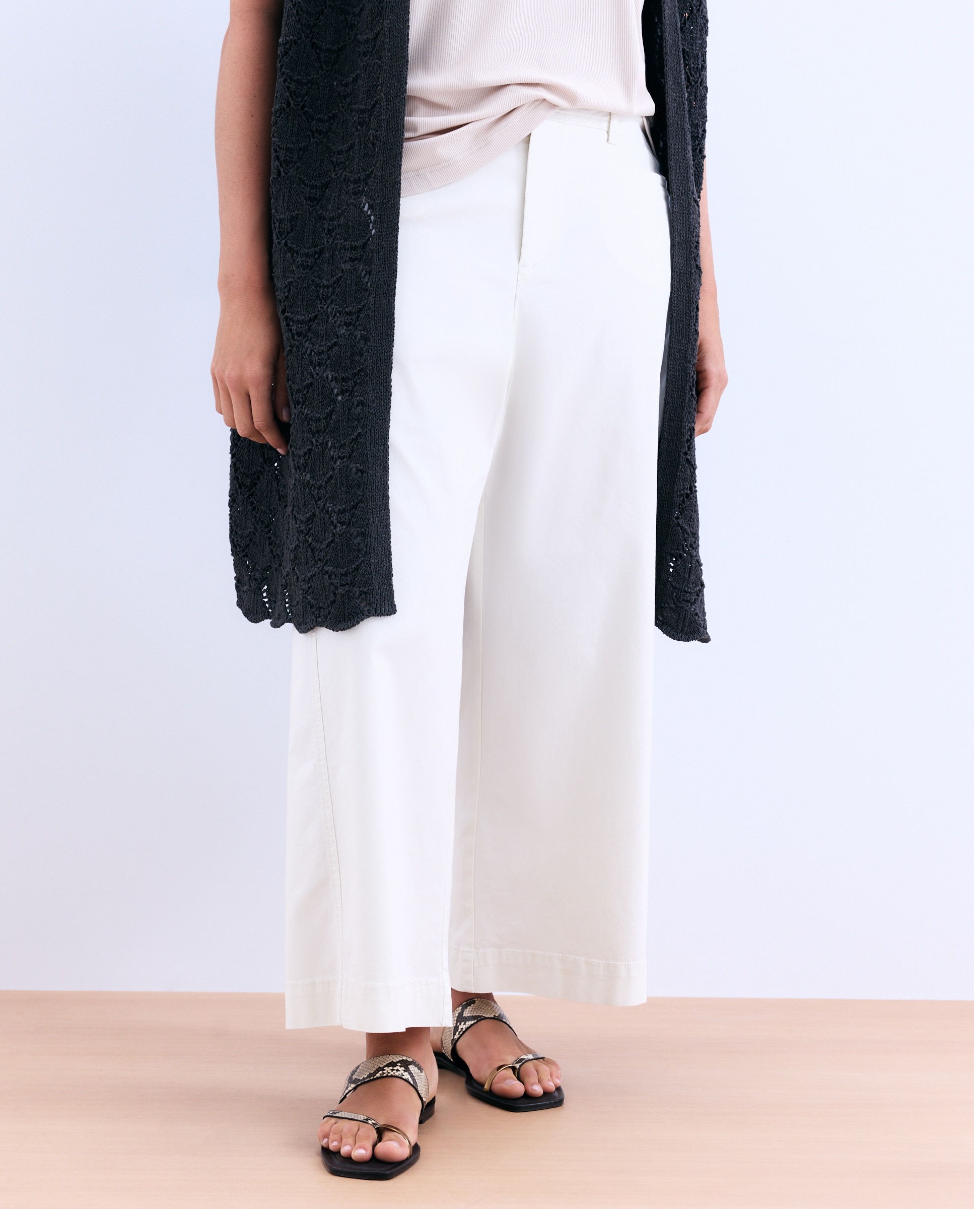Pantalón ancho de algodón de mujer - Couchel - 530 Verde oscuro Blanco roto-2