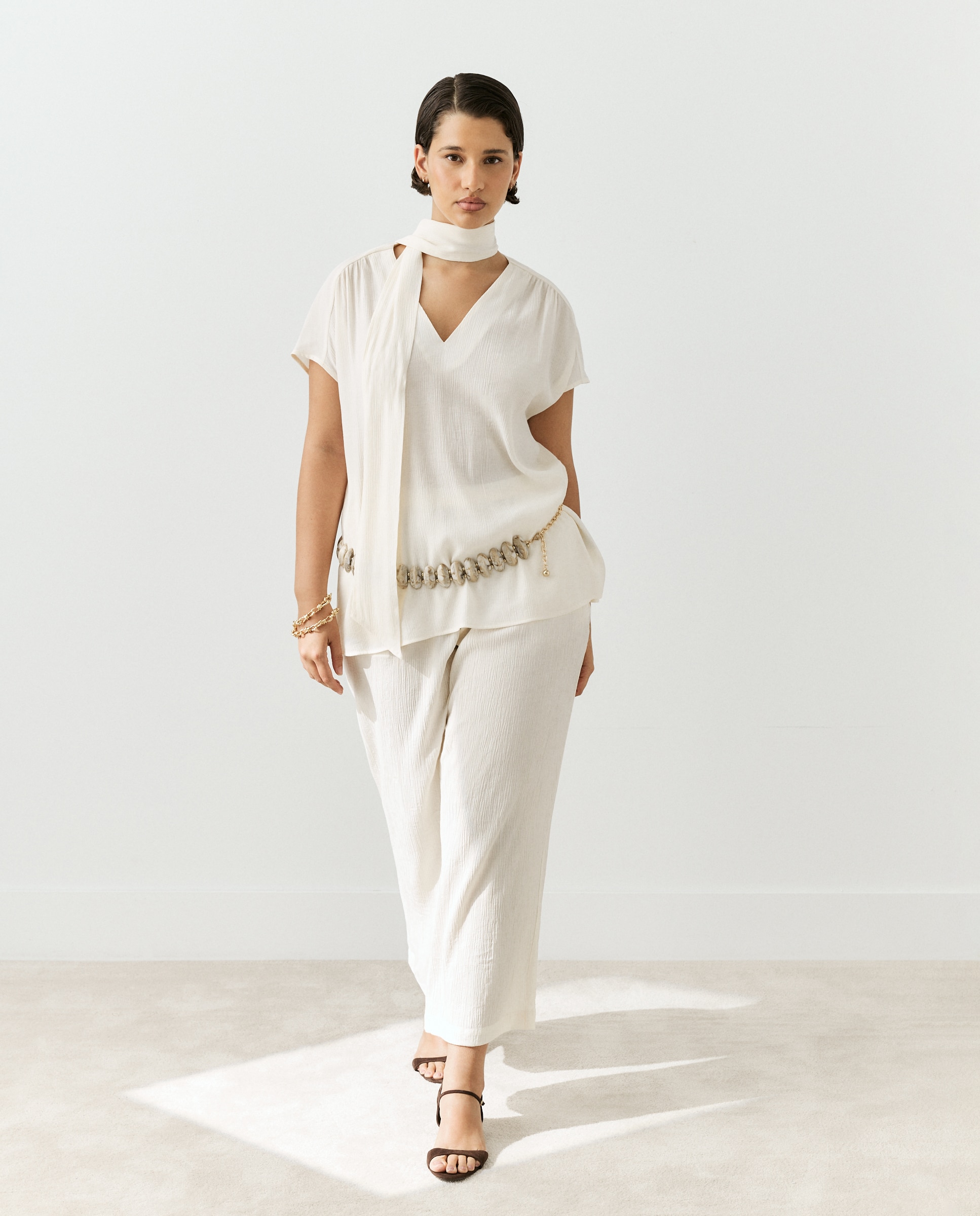 Pantalón fluido de mujer efecto arrugado Blanco roto (blanco roto)
