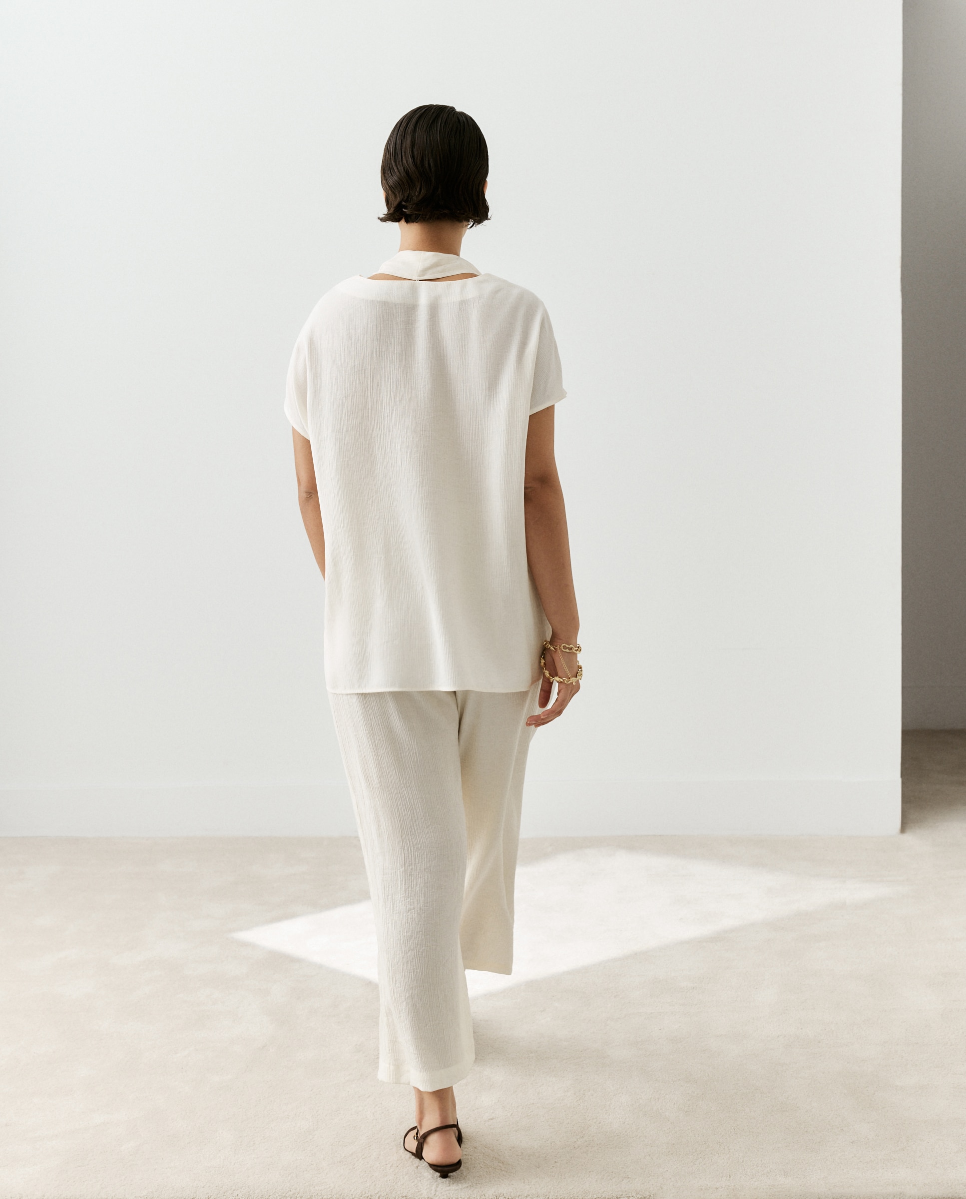 Pantalón fluido de mujer efecto arrugado - Couchel - Blanco roto Blanco roto-3