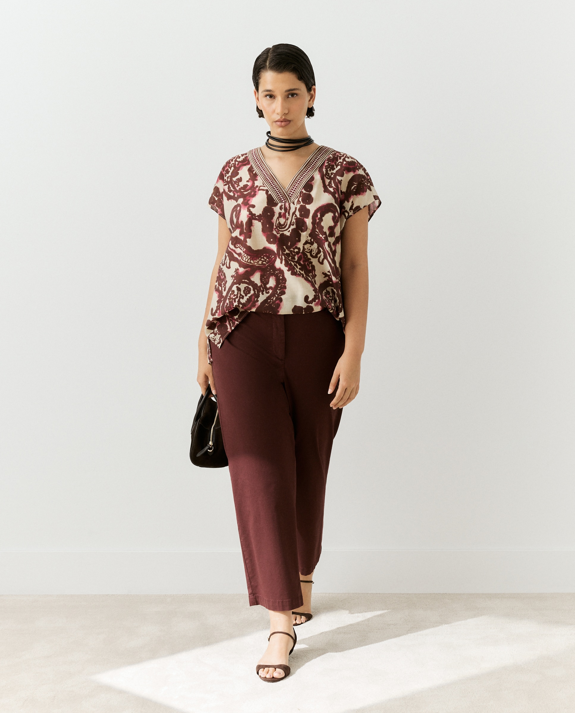 Pantalón ancho liso de mujer Burdeos