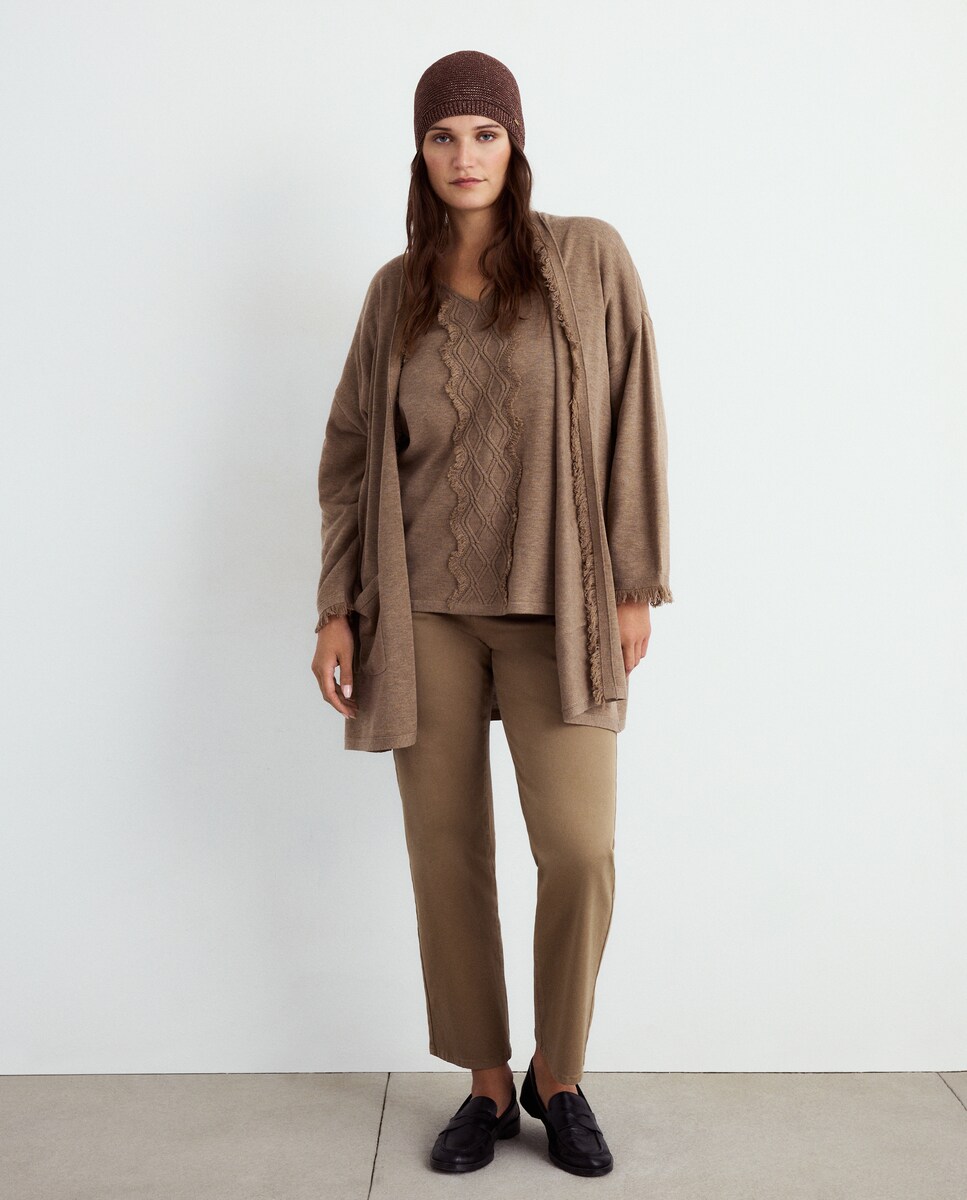 Casaco de Malha com Detalhe de Franjas 740 Tabaco-1