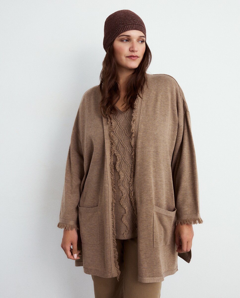 Casaco de Malha com Detalhe de Franjas 740 Tabaco-2