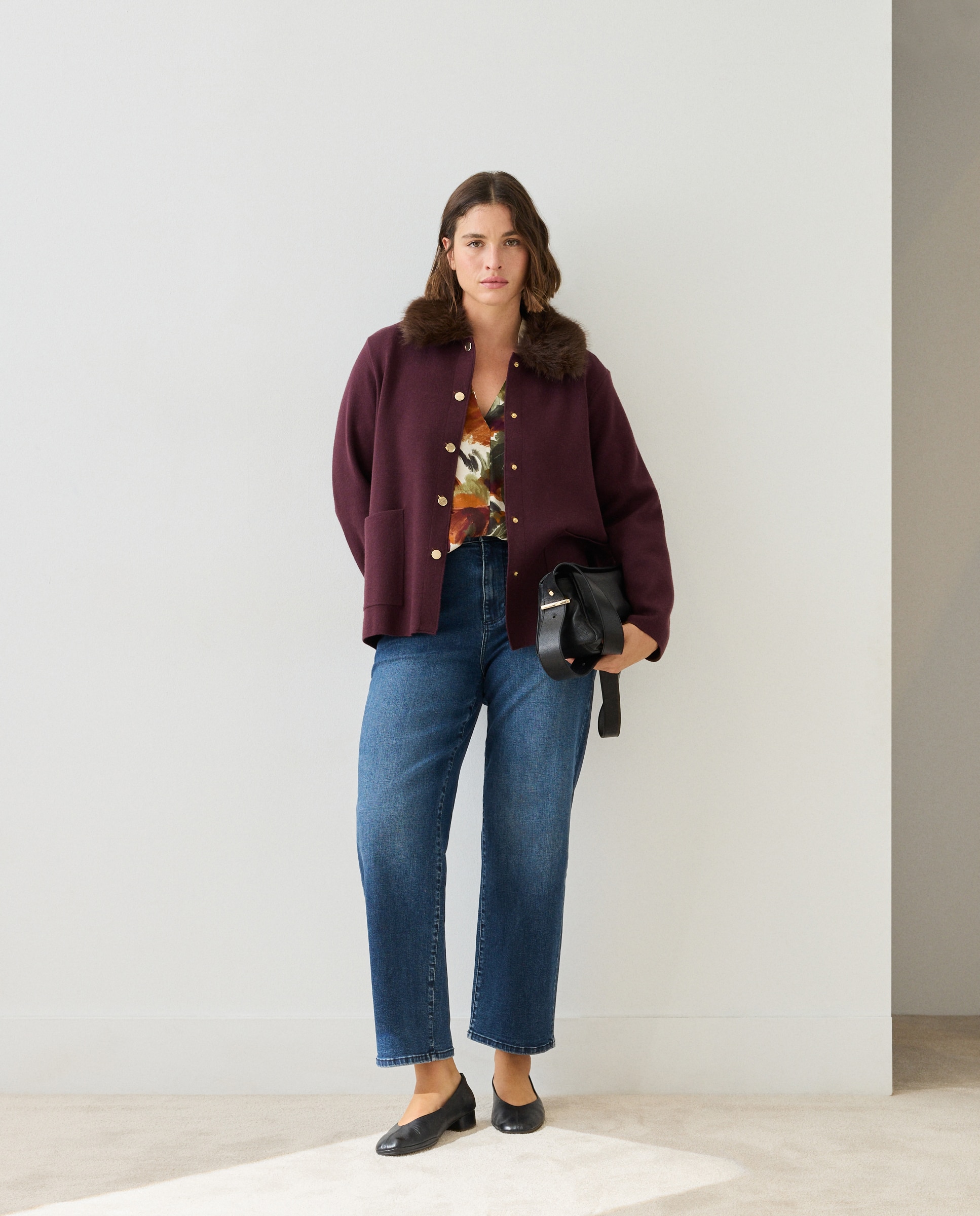 Cardigan de Malha Grossa com Pelo na Gola 290 Bordeaux-2