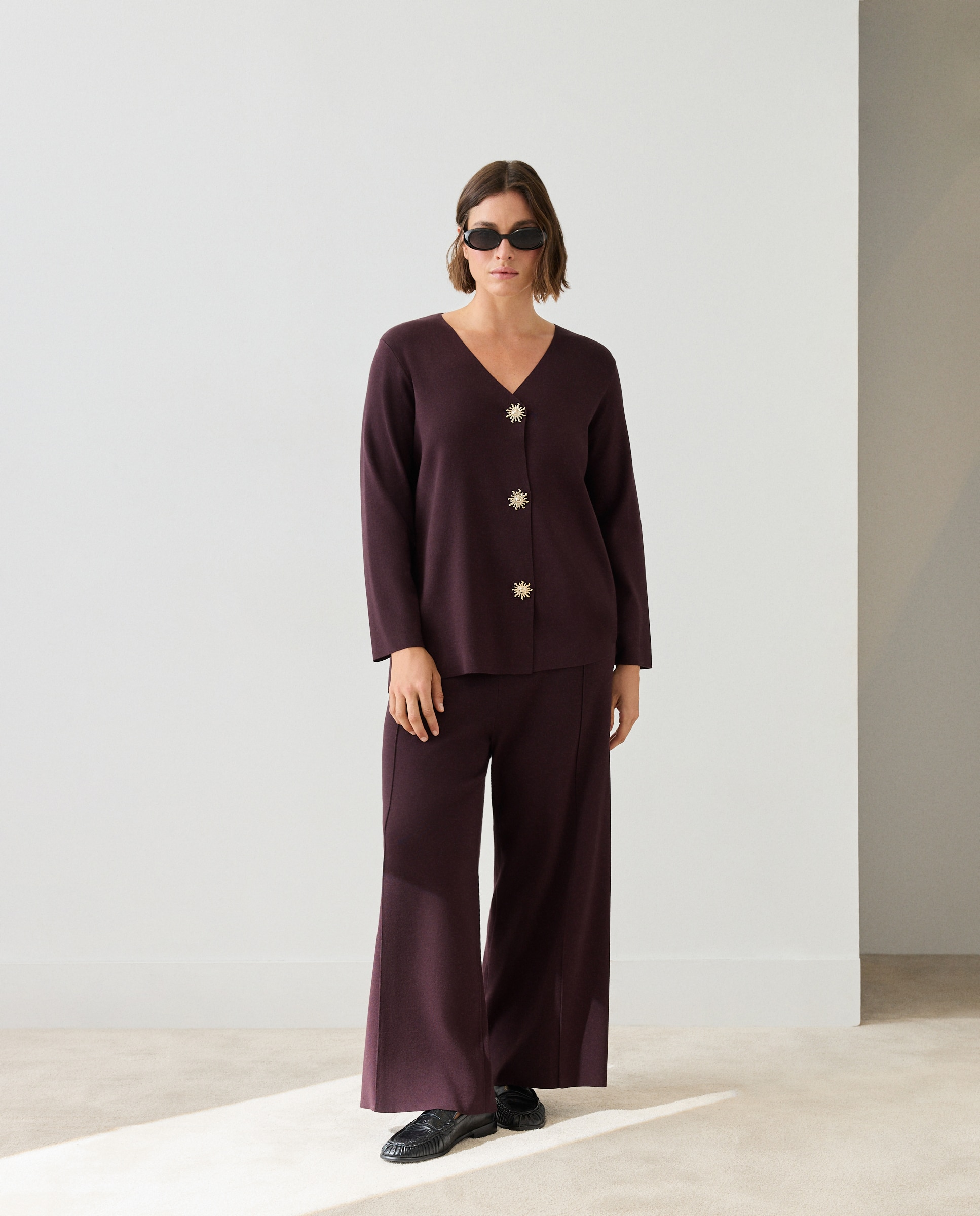 Pantalón ancho de mujer tricot - Couchel - Burdeos Burdeos-1
