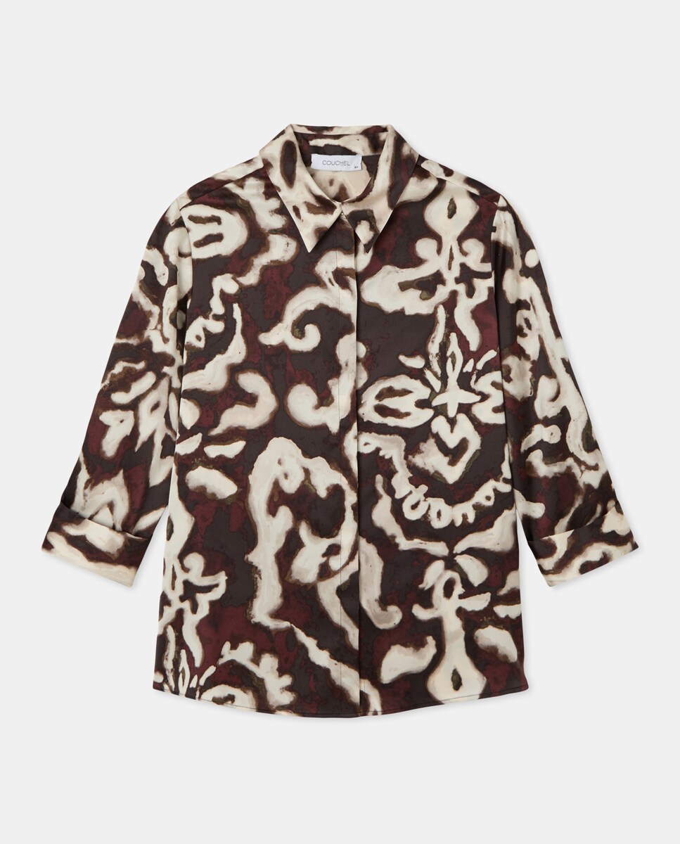 Camisa Acetinada Estampada Castanho-5