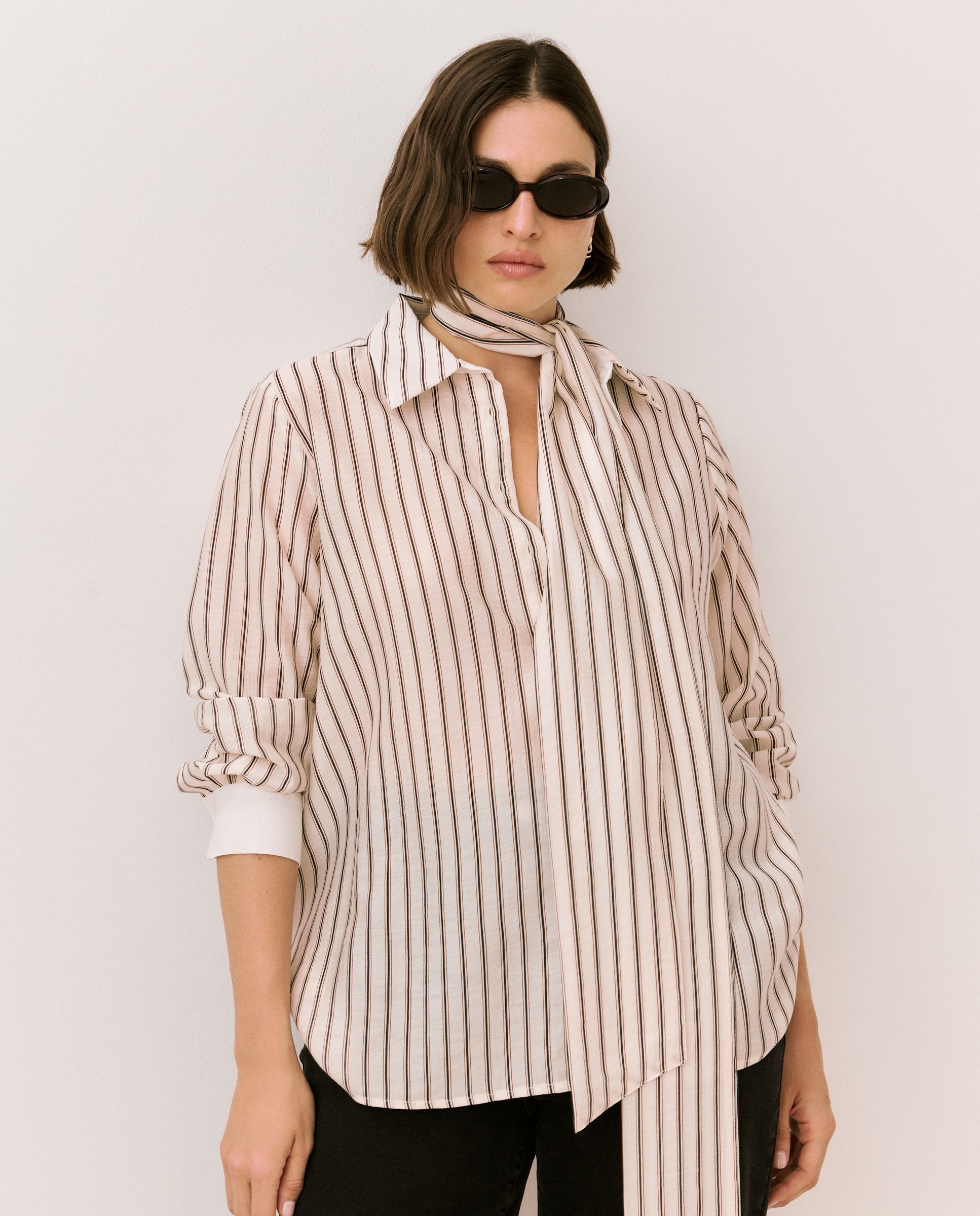 Blusa de Manga Comprida às Riscas de Tencel Branco-2