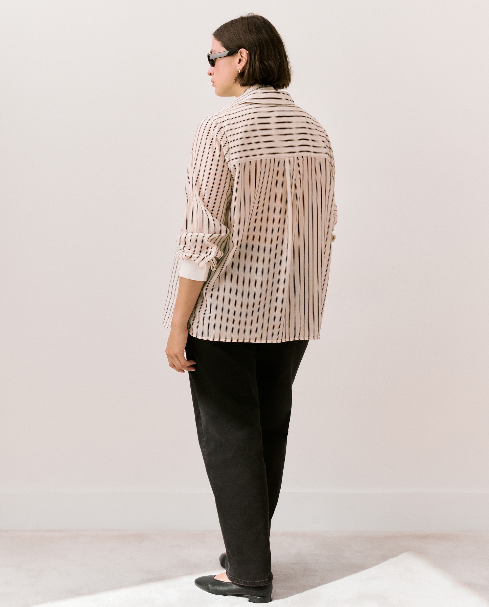 Blusa de Manga Comprida às Riscas de Tencel Branco-3