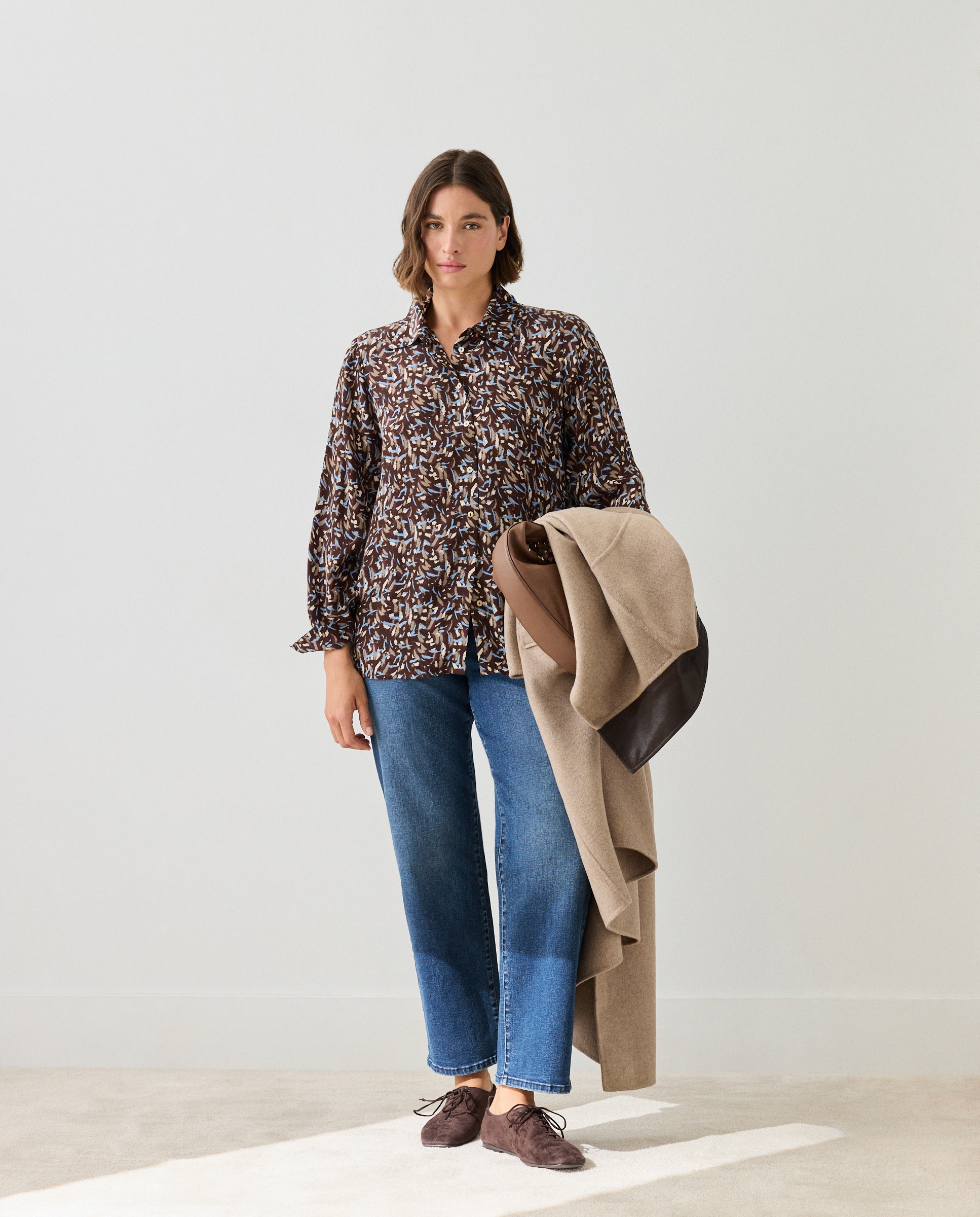 Blusa de mujer con estampado y drapeado - Couchel - Azul Azul-2