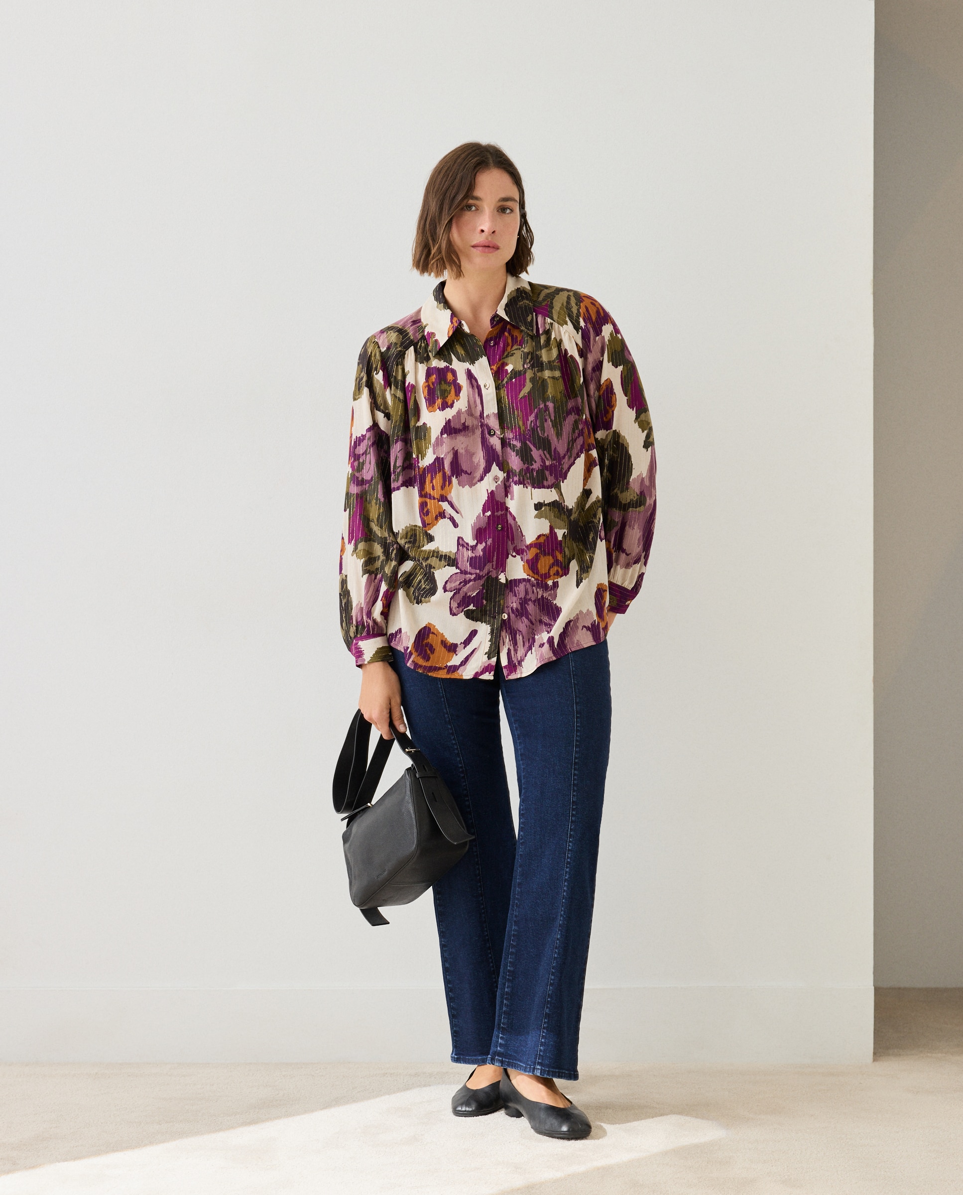 Blusa de cuello camisero estampada con flor - Couchel - Rosa Rosa-1