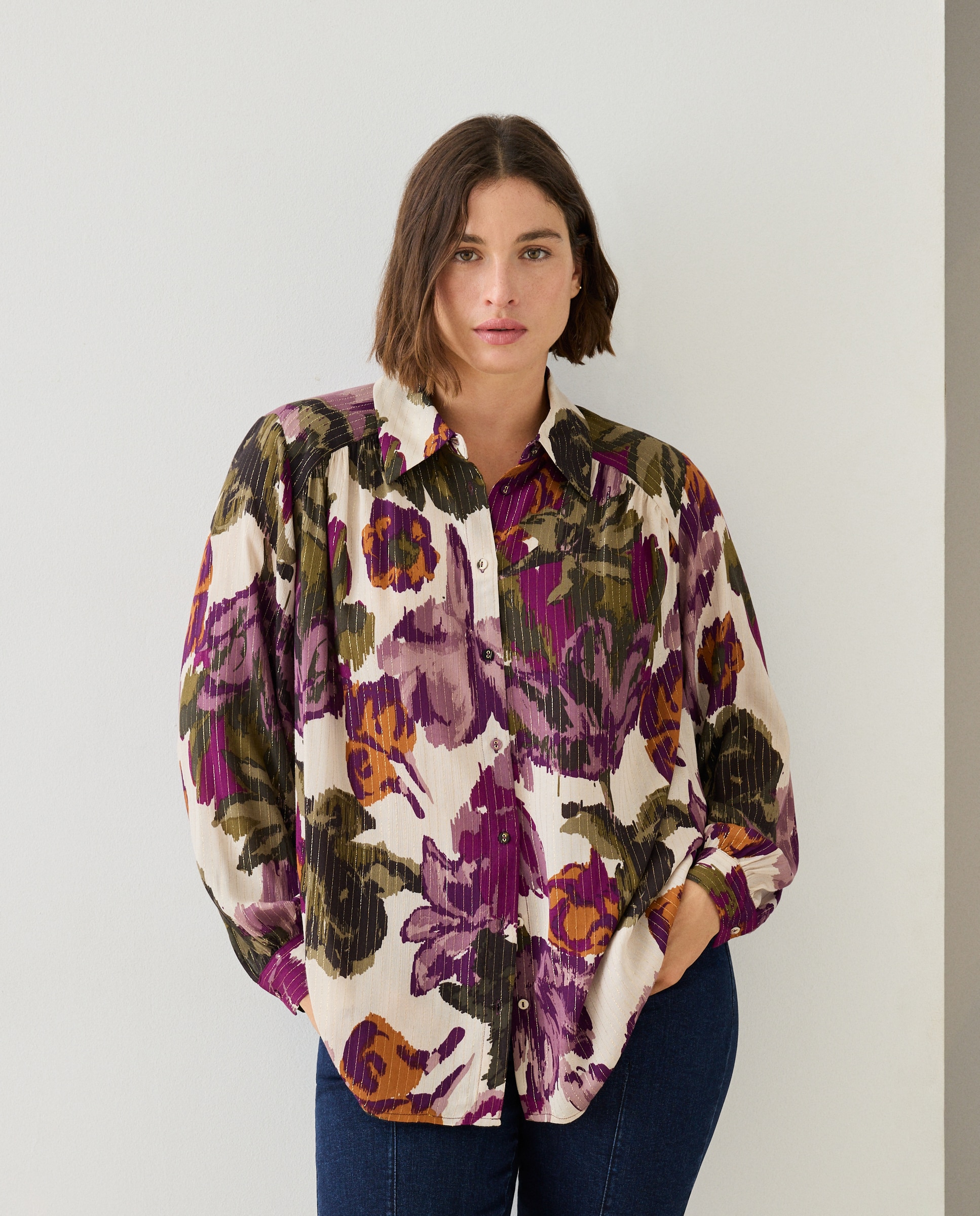 Blusa de cuello camisero estampada con flor - Couchel - Rosa Rosa-2