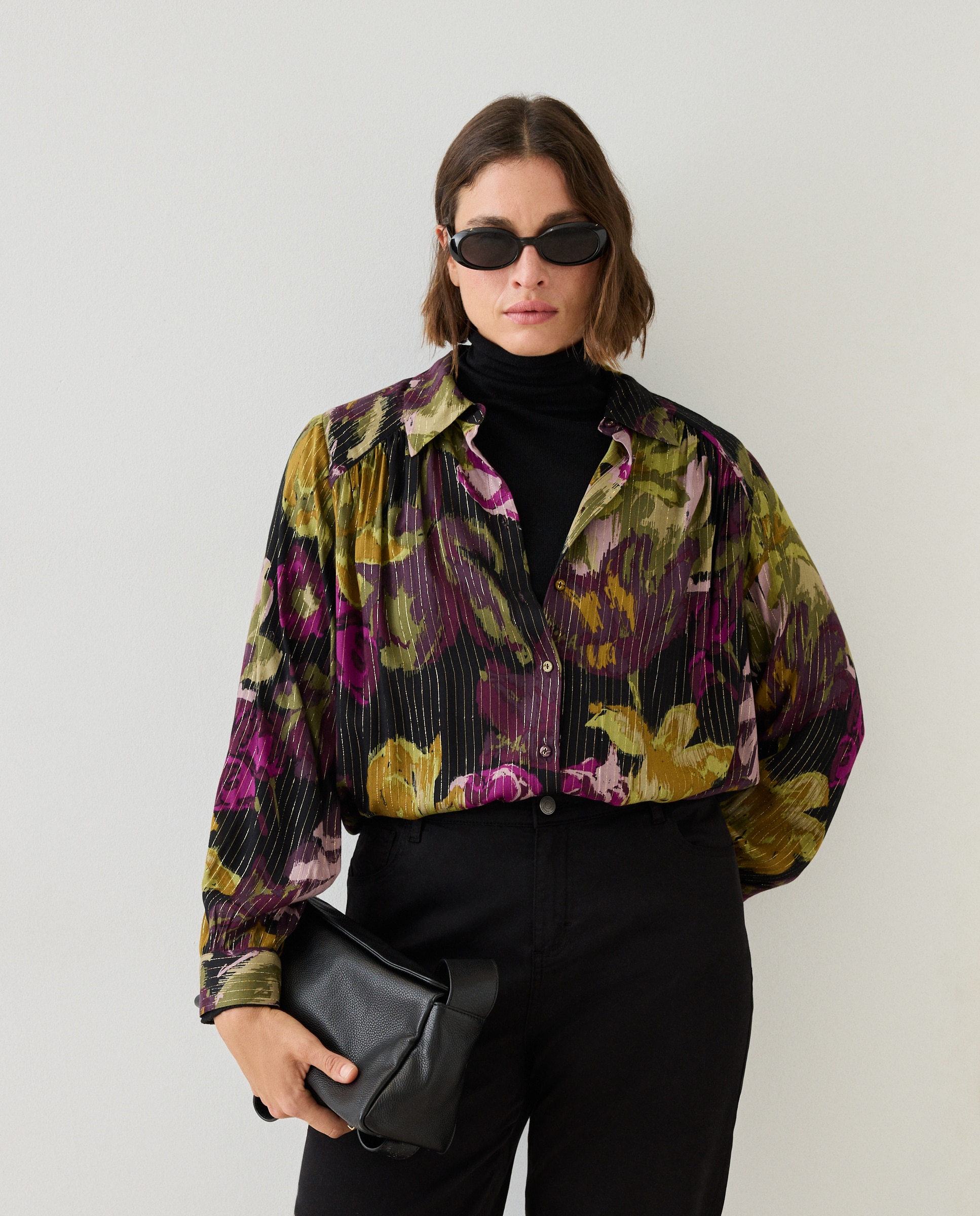 Blusa de cuello camisero estampada con flor - Couchel - Verde Verde-1