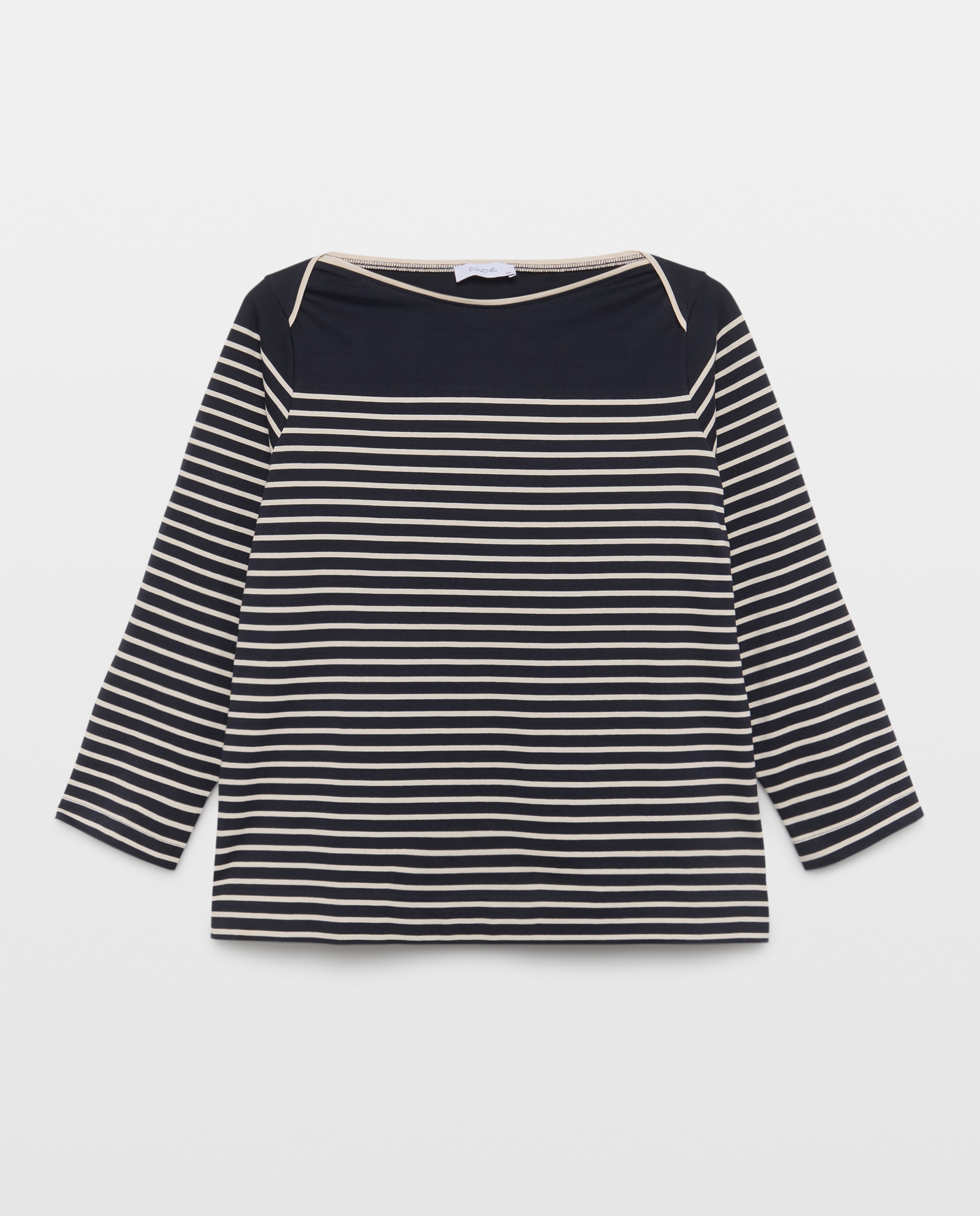 T-shirt com Decote à Barco e Riscas Branco-4