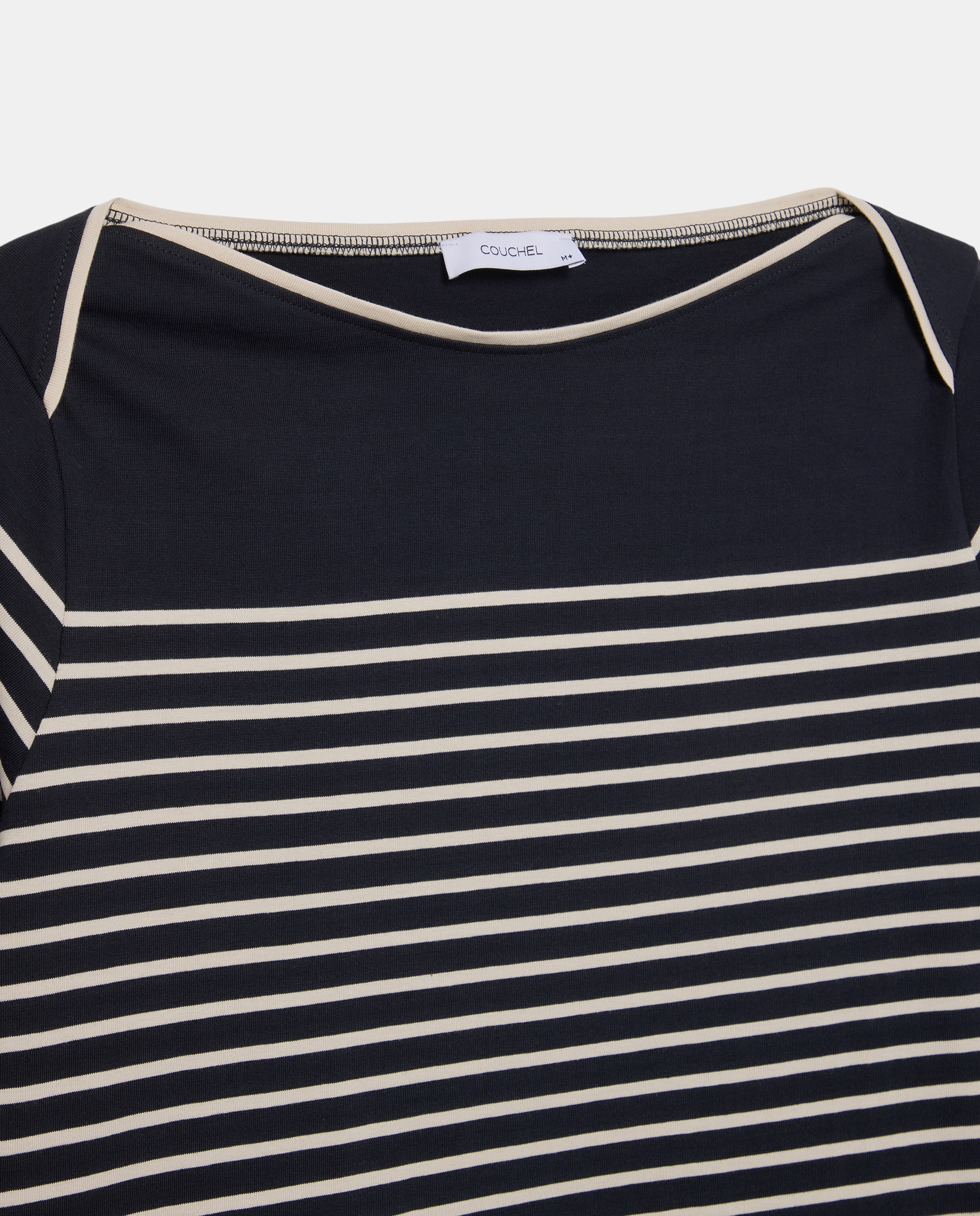 T-shirt com Decote à Barco e Riscas Branco-5