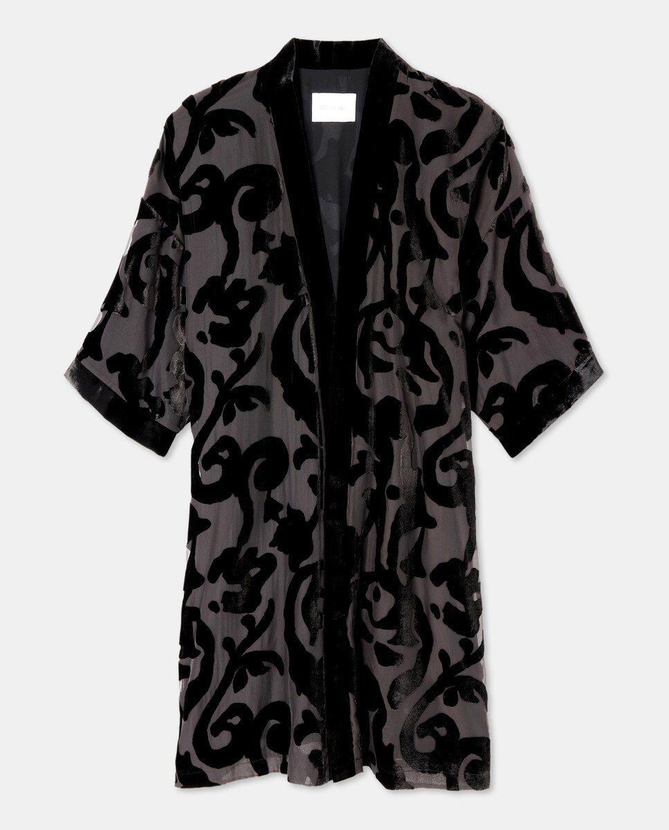 Kimono Comprido Devoré de Veludo Preto-5