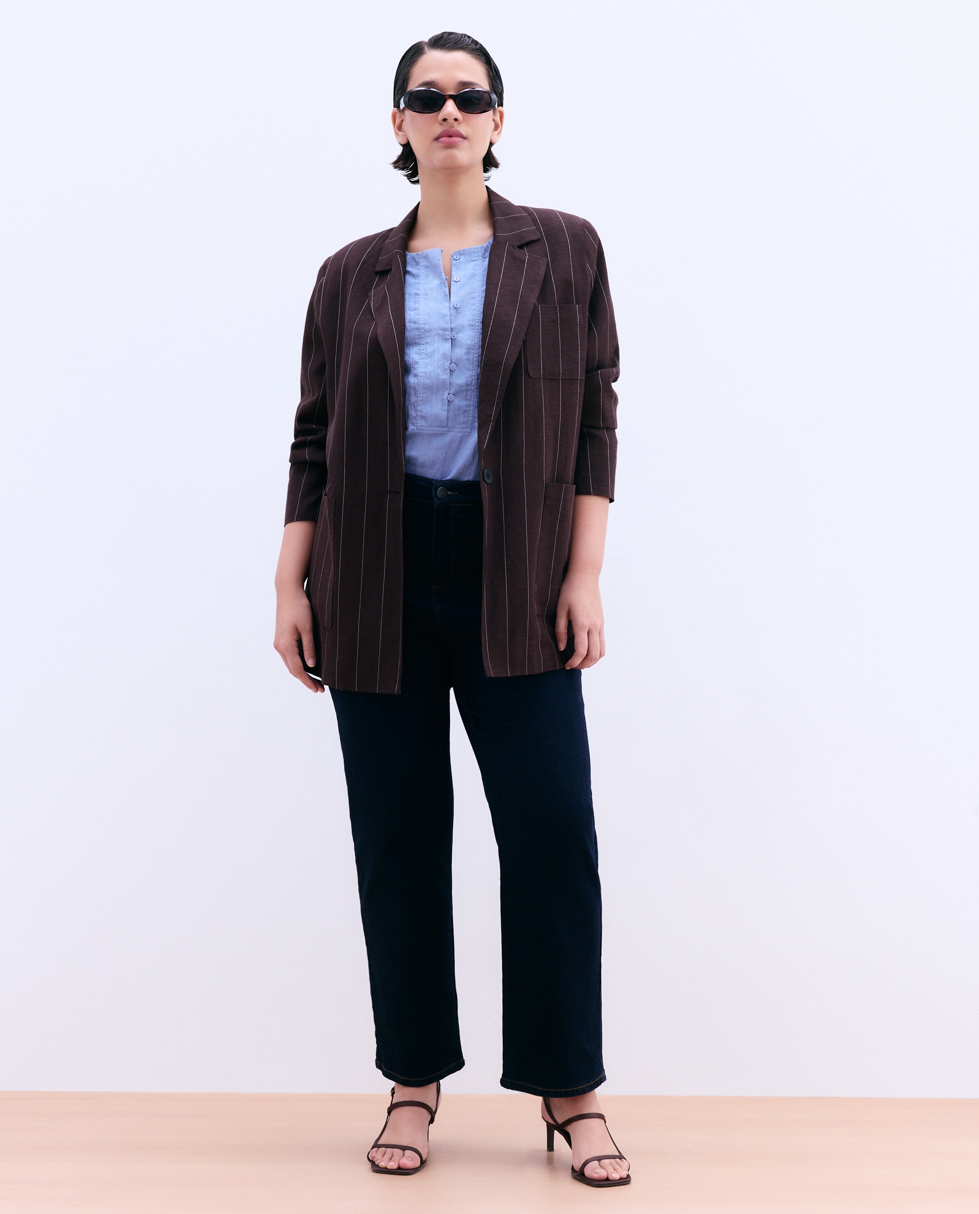 Blazer com Manga Comprida e Bolsos Castanho-2
