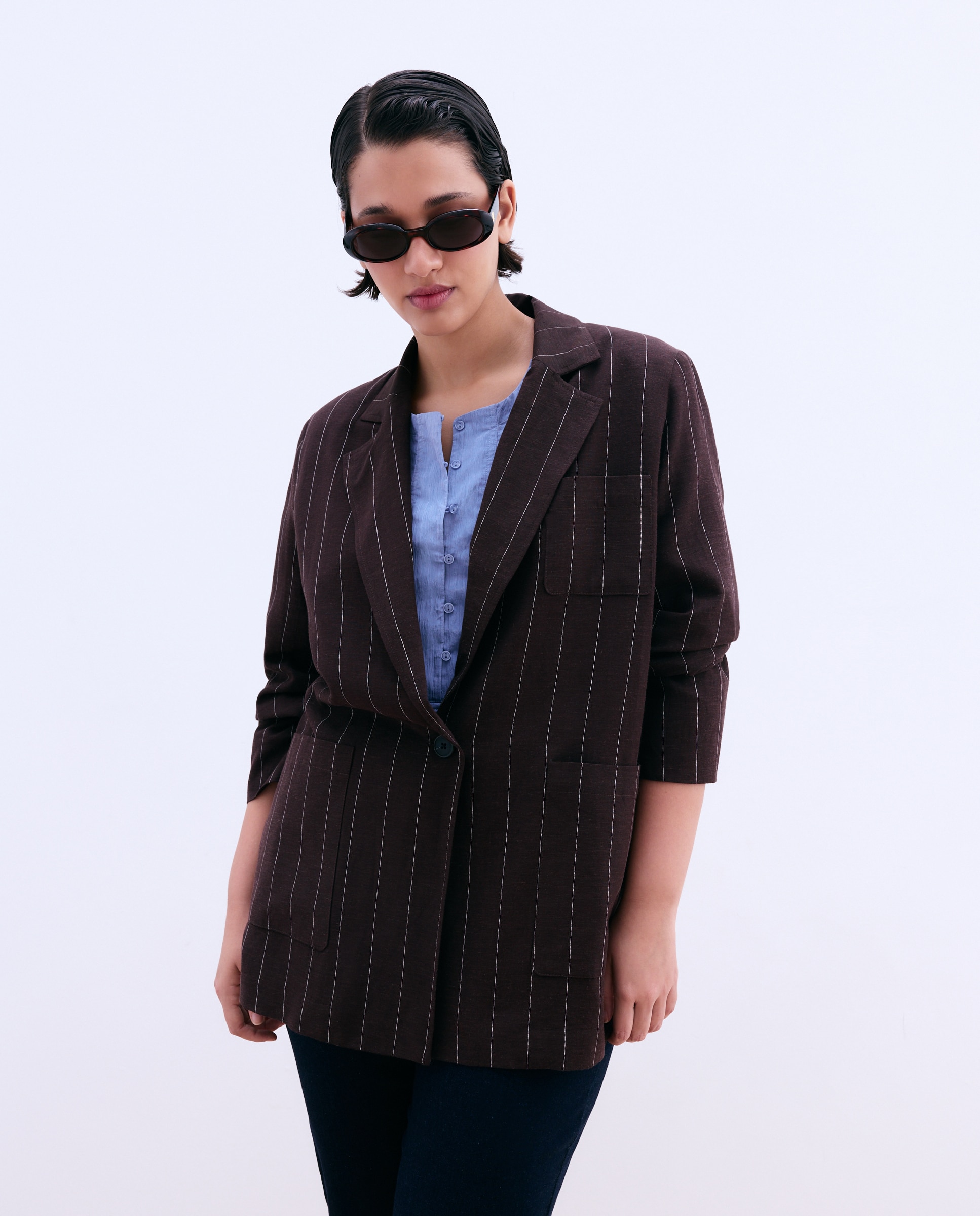 Blazer com Manga Comprida e Bolsos Castanho-4