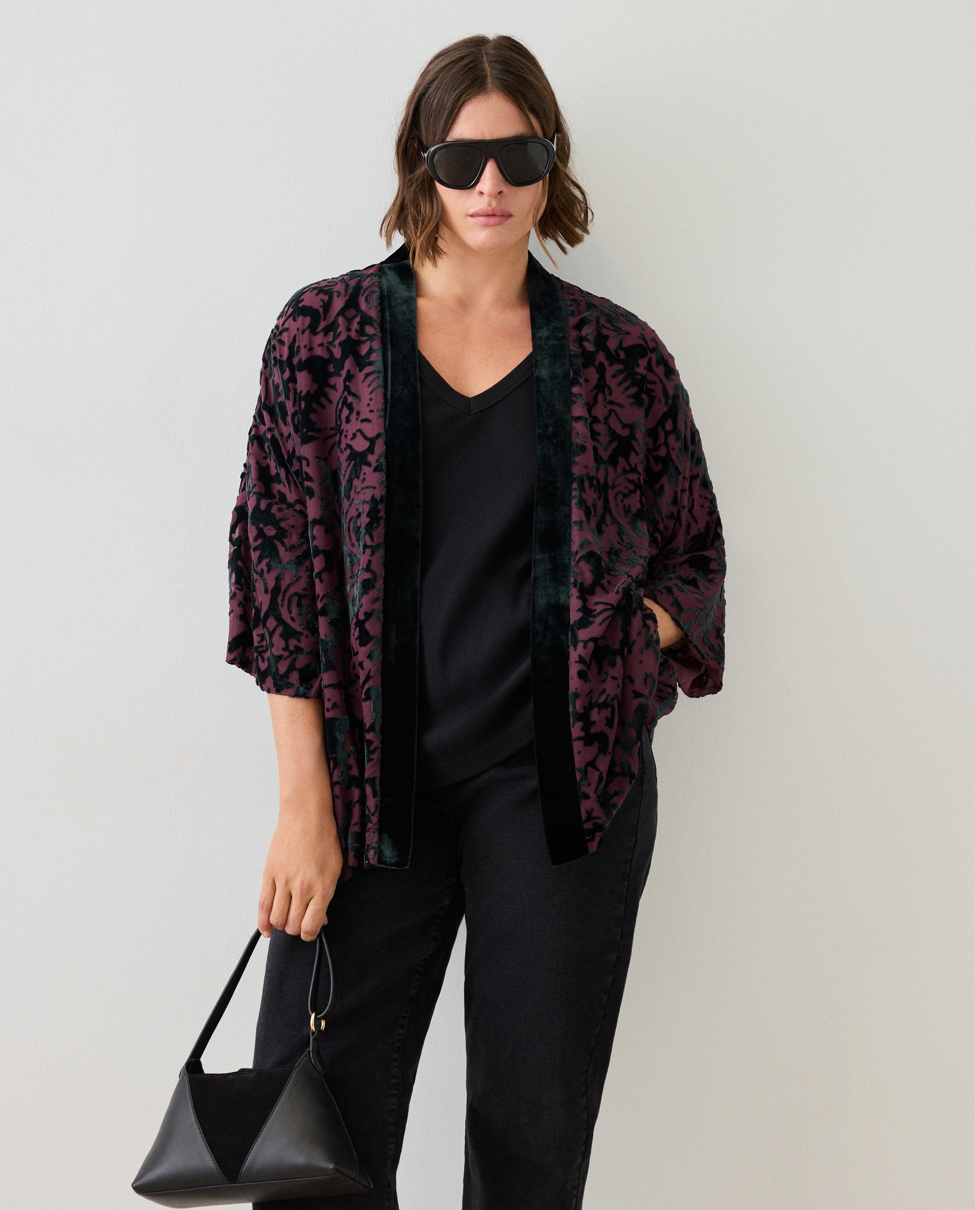 Kimono de terciopelo liso de mujer - Couchel - Burdeos Burdeos-1