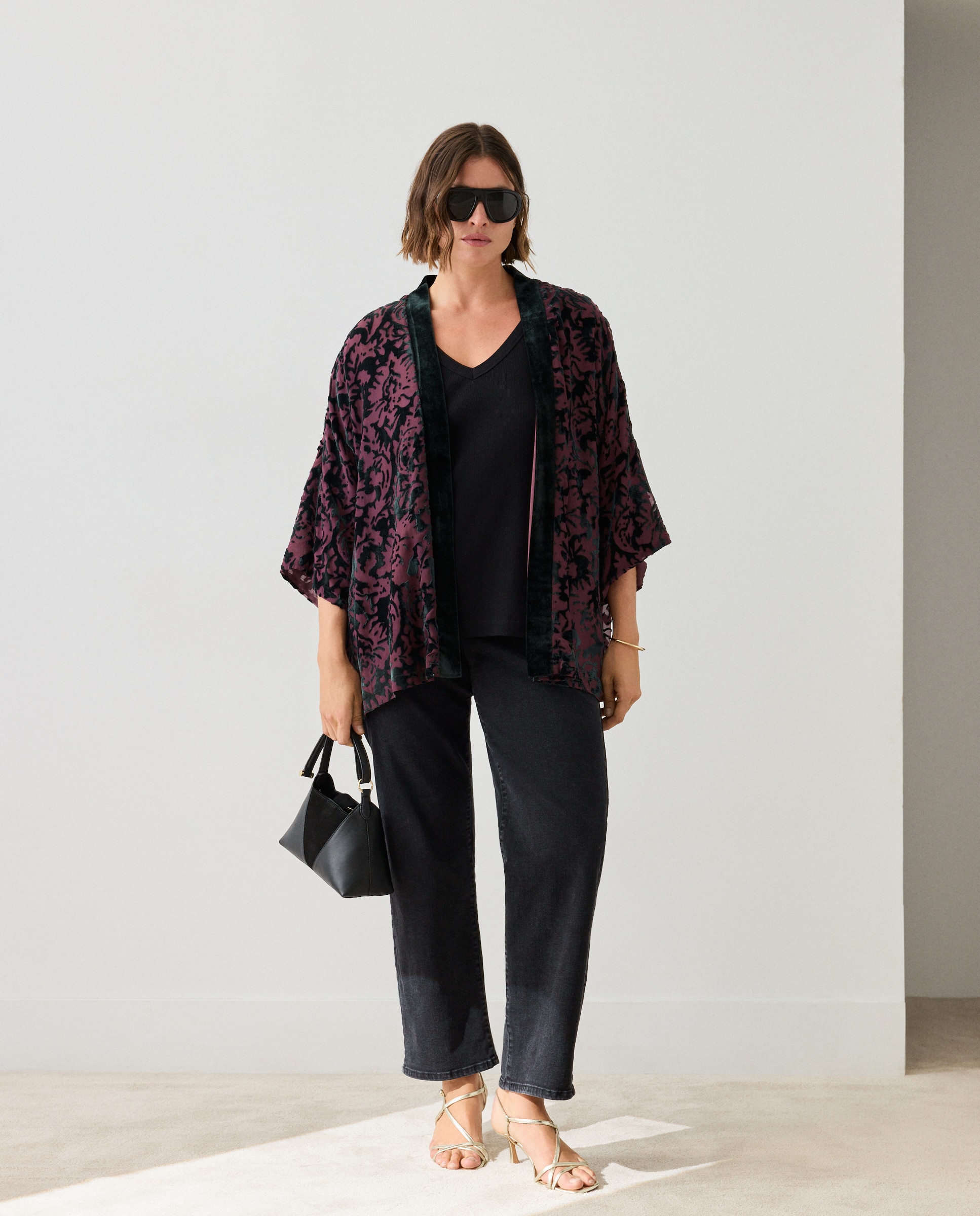 Kimono de terciopelo liso de mujer - Couchel - Burdeos Burdeos-2
