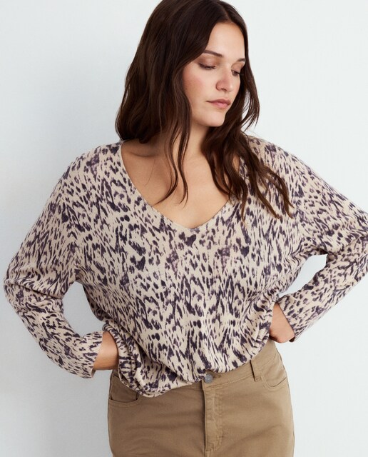 Imagem 0 de Camisola de Malha Estampada com Decote em Bico